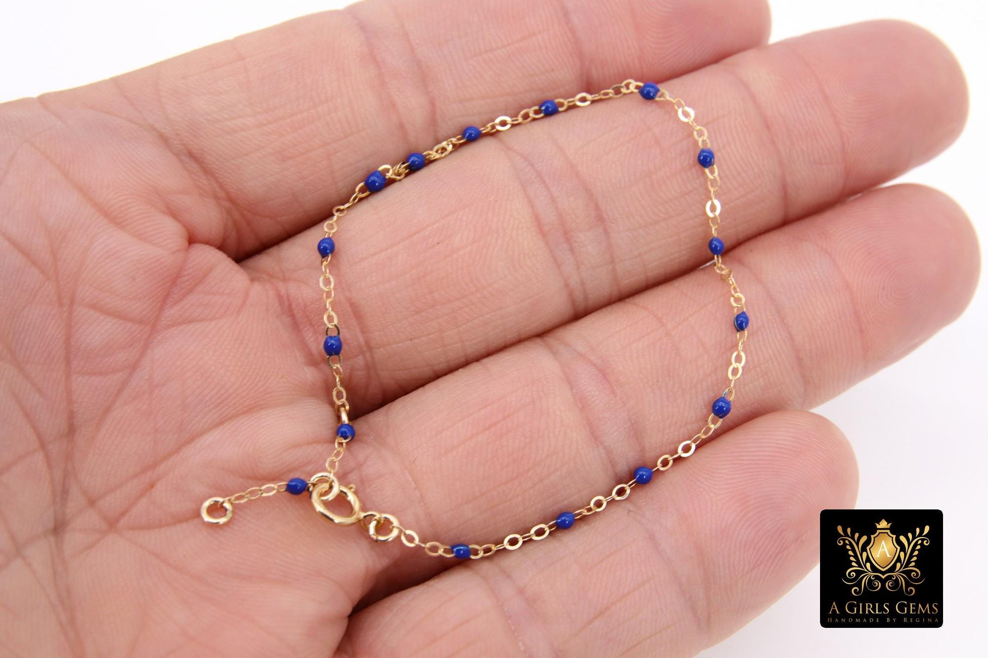 14 K Gold Filled Dainty Satellite Enamel Bracelet, Rainbow Beaded Adjustable Jewelry, Charm Bracelet