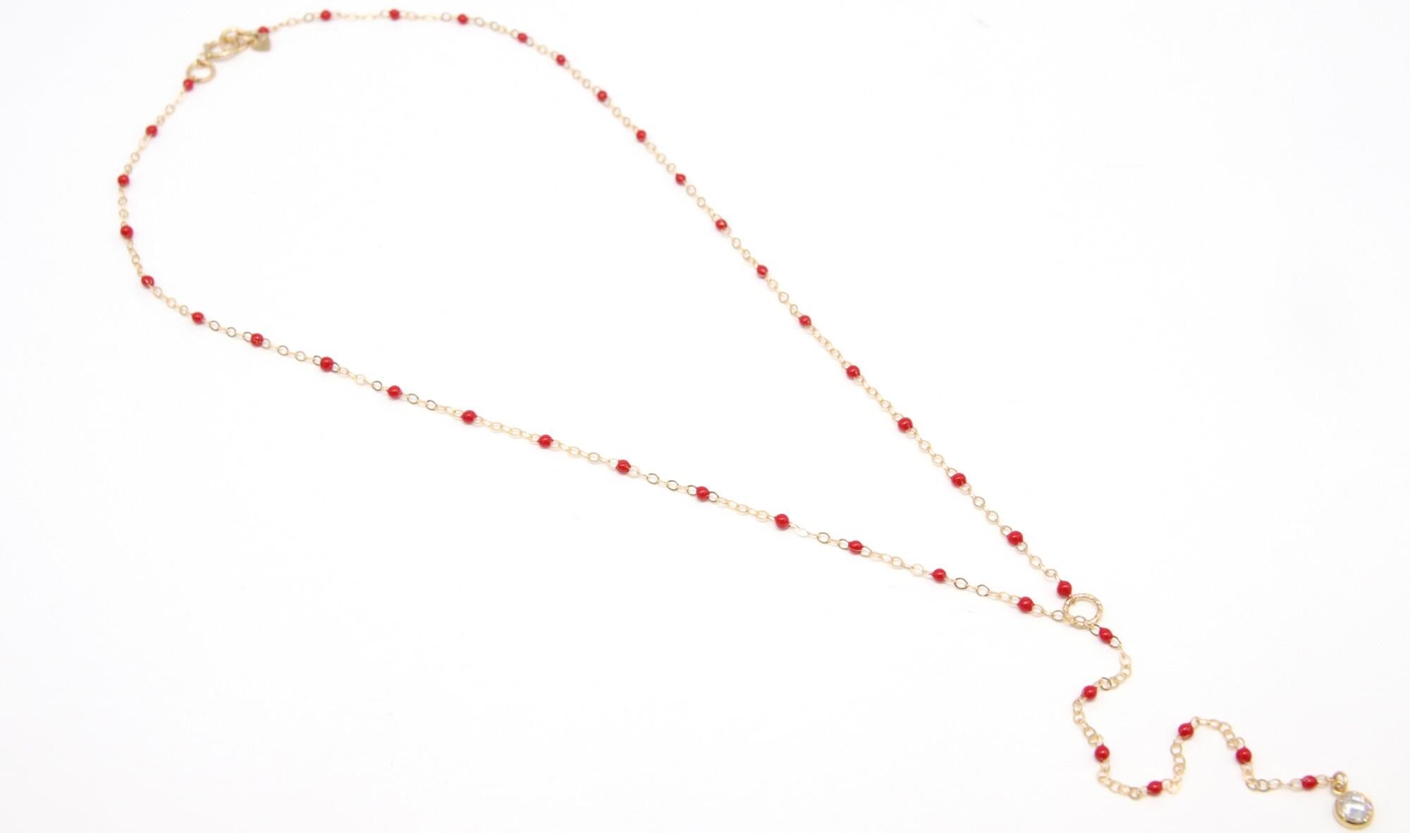 14 K Gold Filled Dainty Satellite Lariat Necklace, Dainty Enamel CZ Everyday Chain Choker #615, Beaded Enamel Chain Link Drop