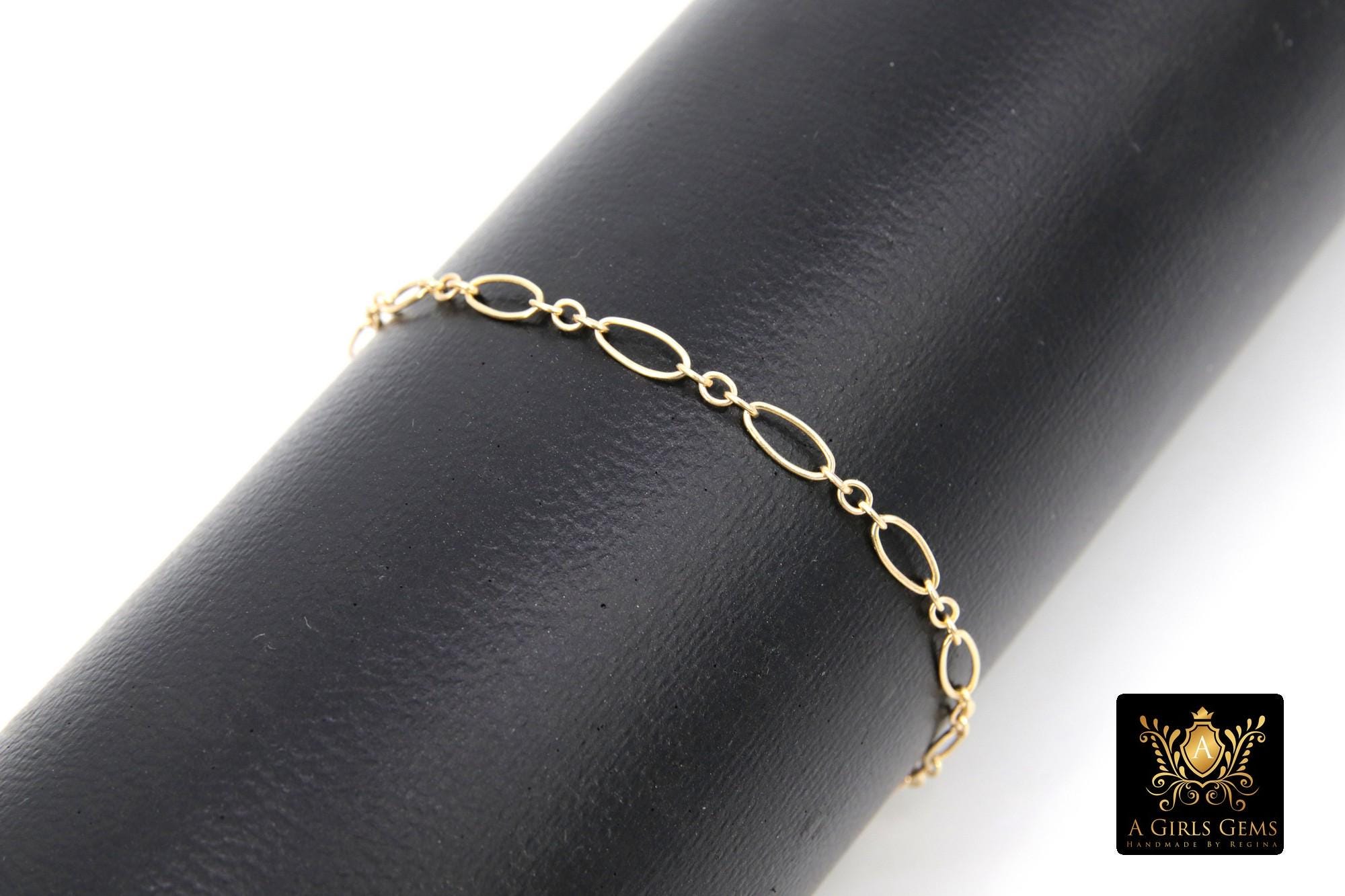14 K Gold Filled Paperclip Oval Chain Bracelet, Long Short Rolo Chain Links #615, Rectangle Charm Stamped 14/20