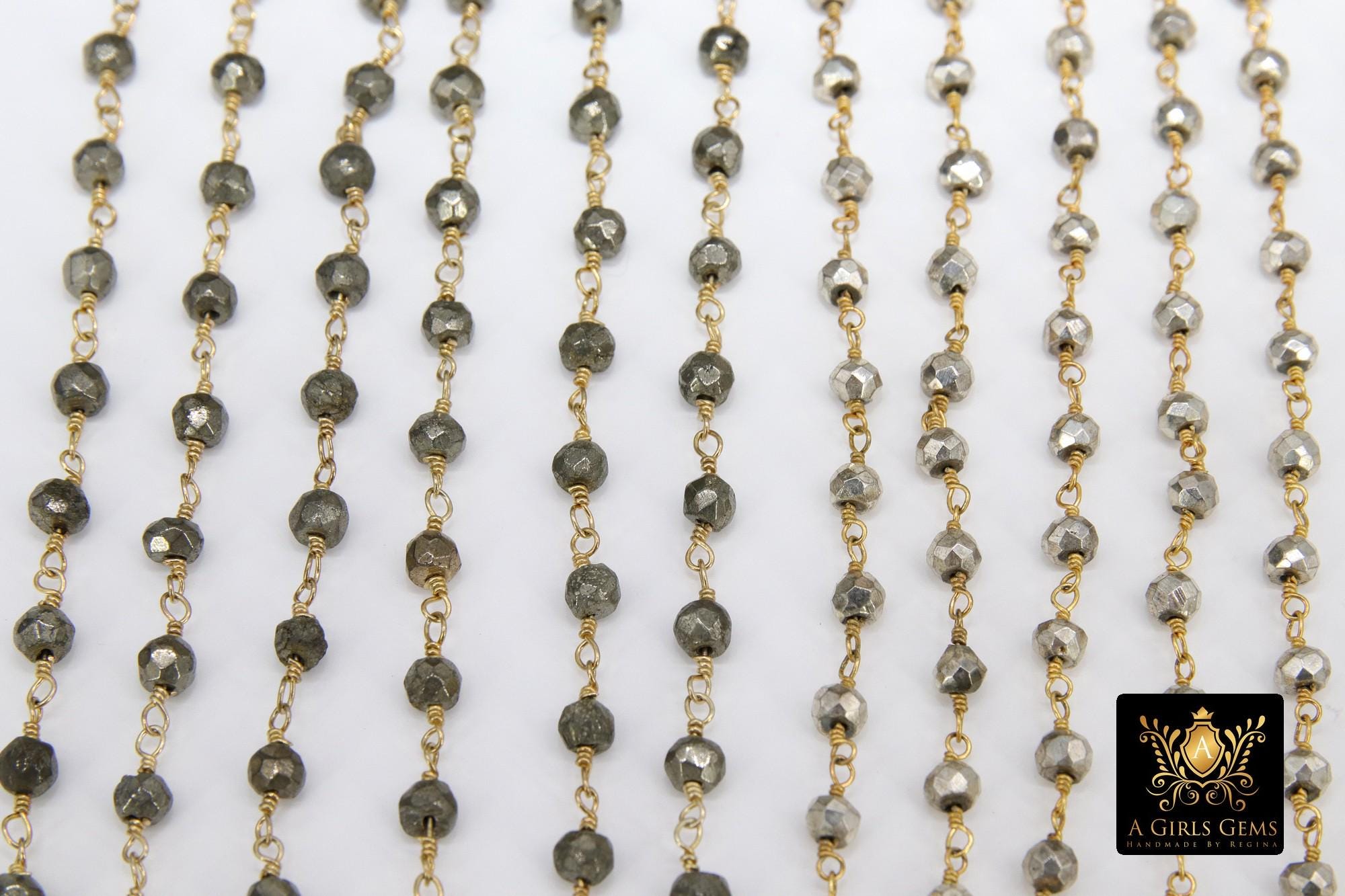 Pyrite Beaded Rosary Chain, Natural Faceted 4 mm Pyrite Bead CH #501, Quality Gold Plated Wire Wrapped Jewelry Chains