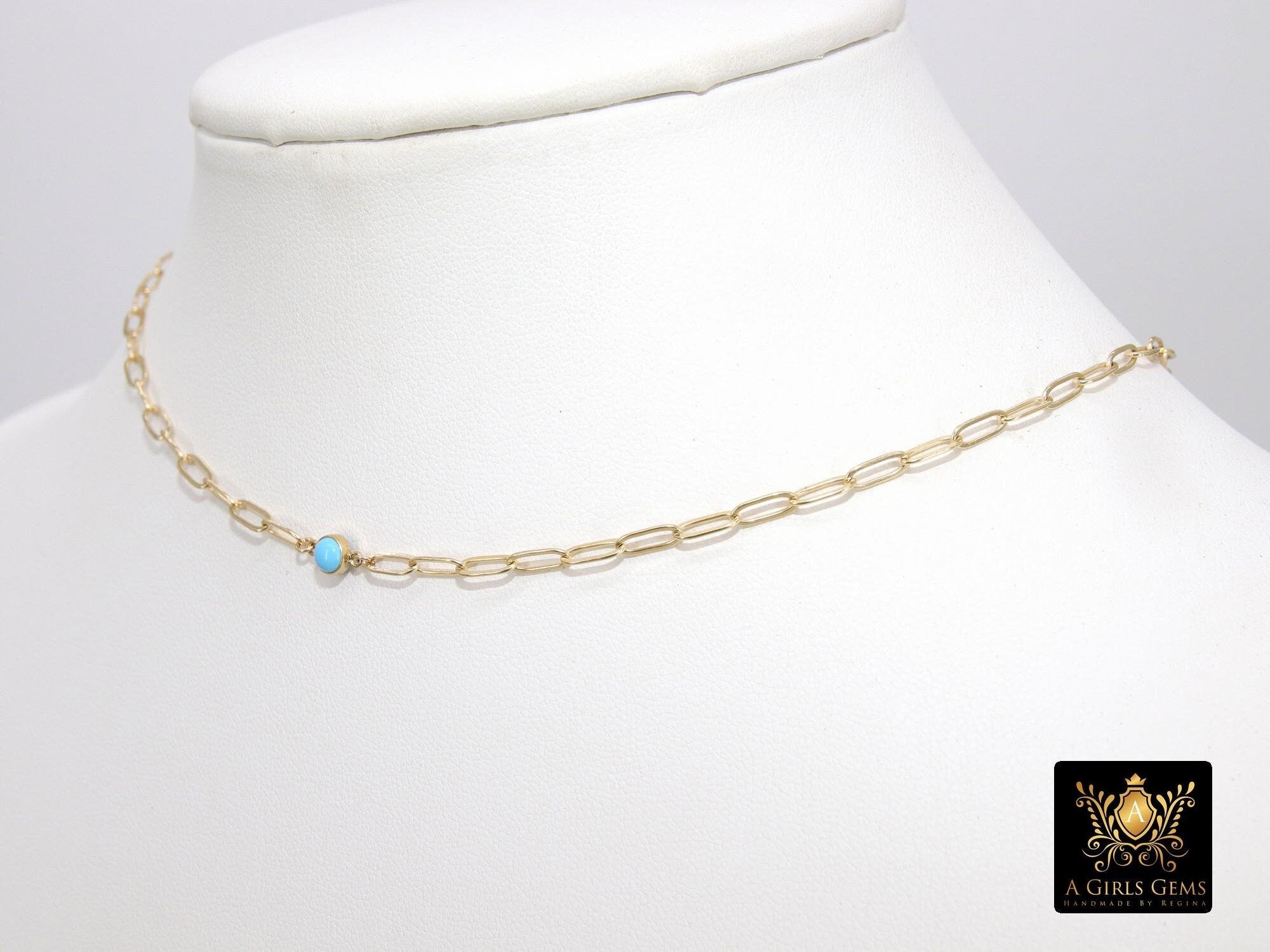 14 K Gold Filled CZ Blue Opal Paperclip Turquoise Necklace