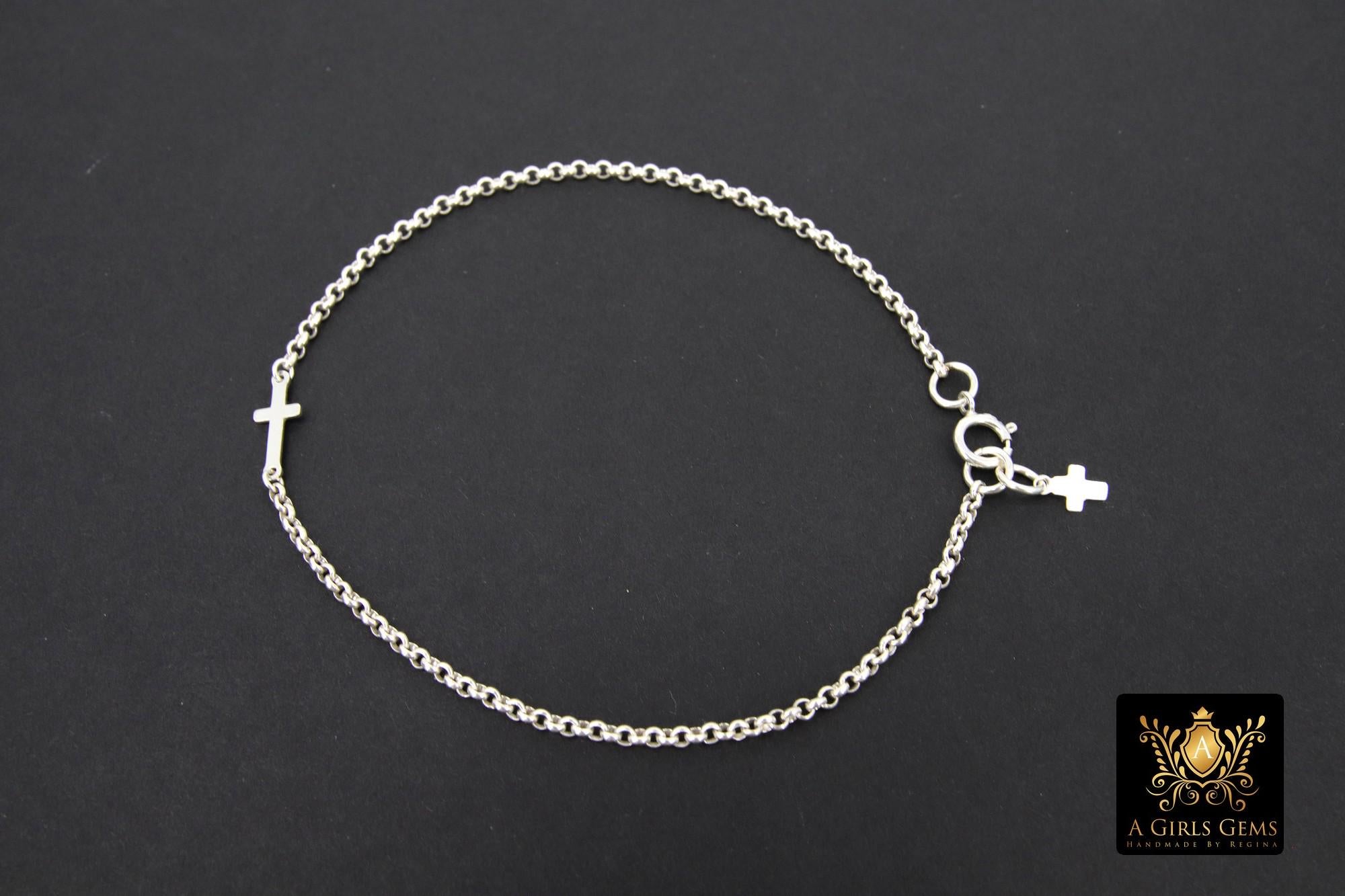 925 Sterling Silver Cross Rolo Bracelet, Chain Link Religious Medals Jewelry