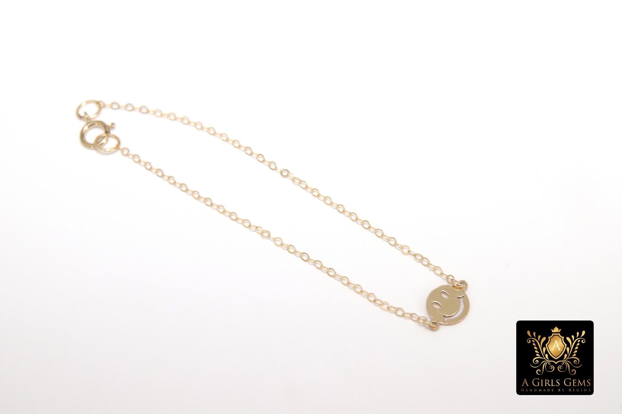 14 K Gold Filled Smiley Face Bracelet, 925 Sterling Silver Happy Face #2626, Everyday Chain Jewelry