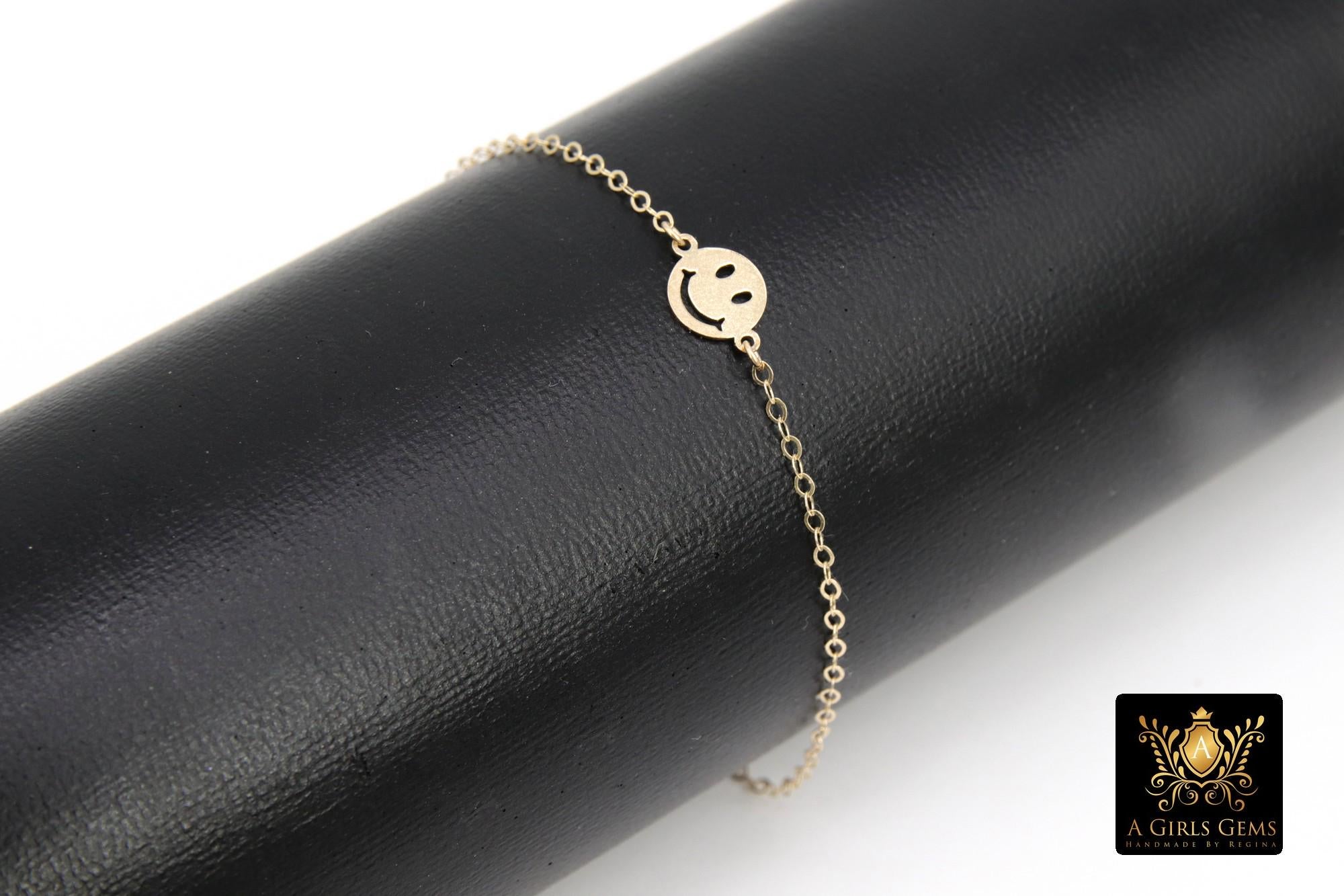 14 K Gold Filled Smiley Face Bracelet, 925 Sterling Silver Happy Face #2626, Everyday Chain Jewelry