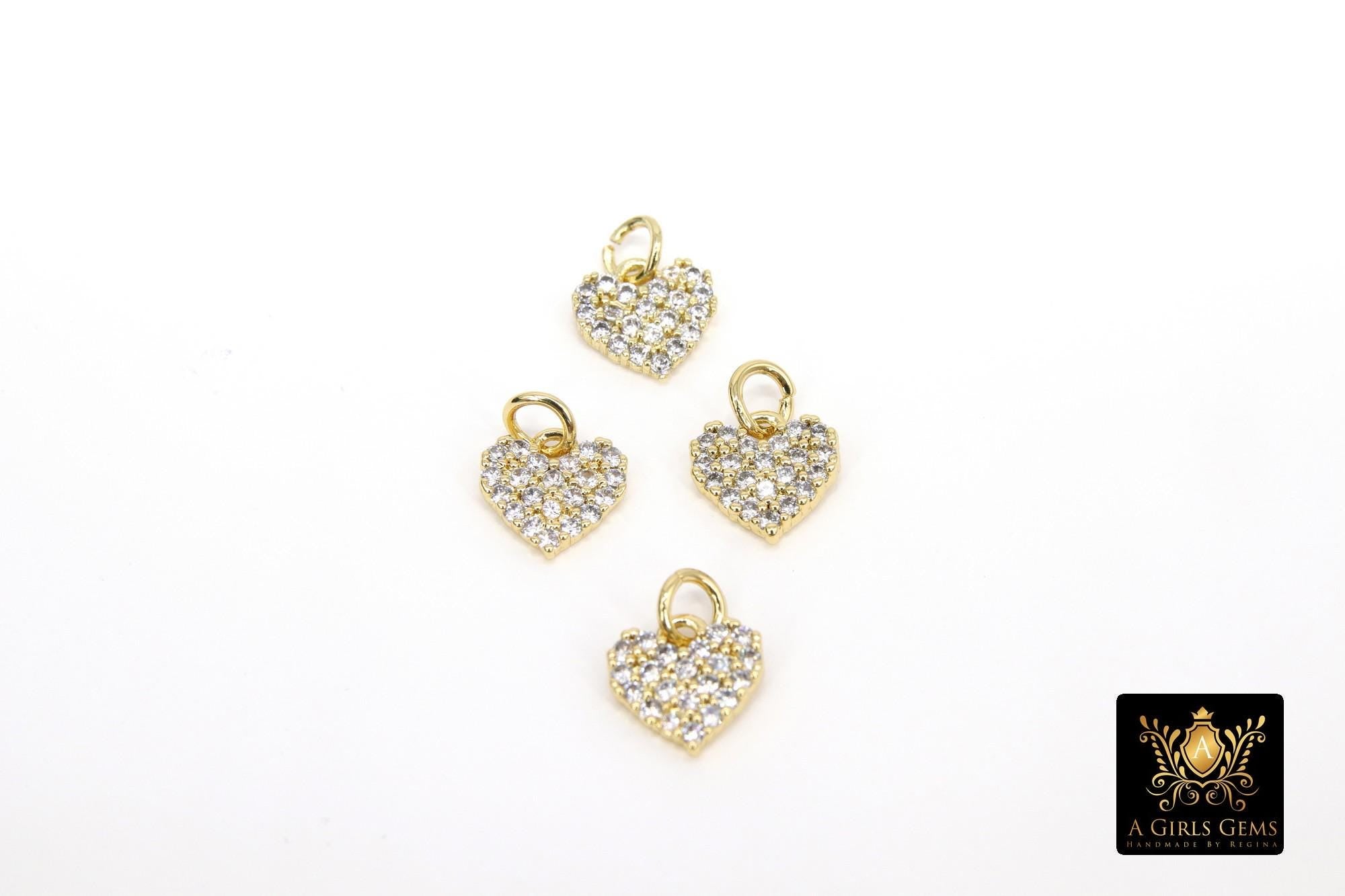 CZ Paved Gold Heart Charm, 9 mm Silver Cubic Zirconia Flat Heart Shaped Charm #170, Tiny CZ Heart Charms