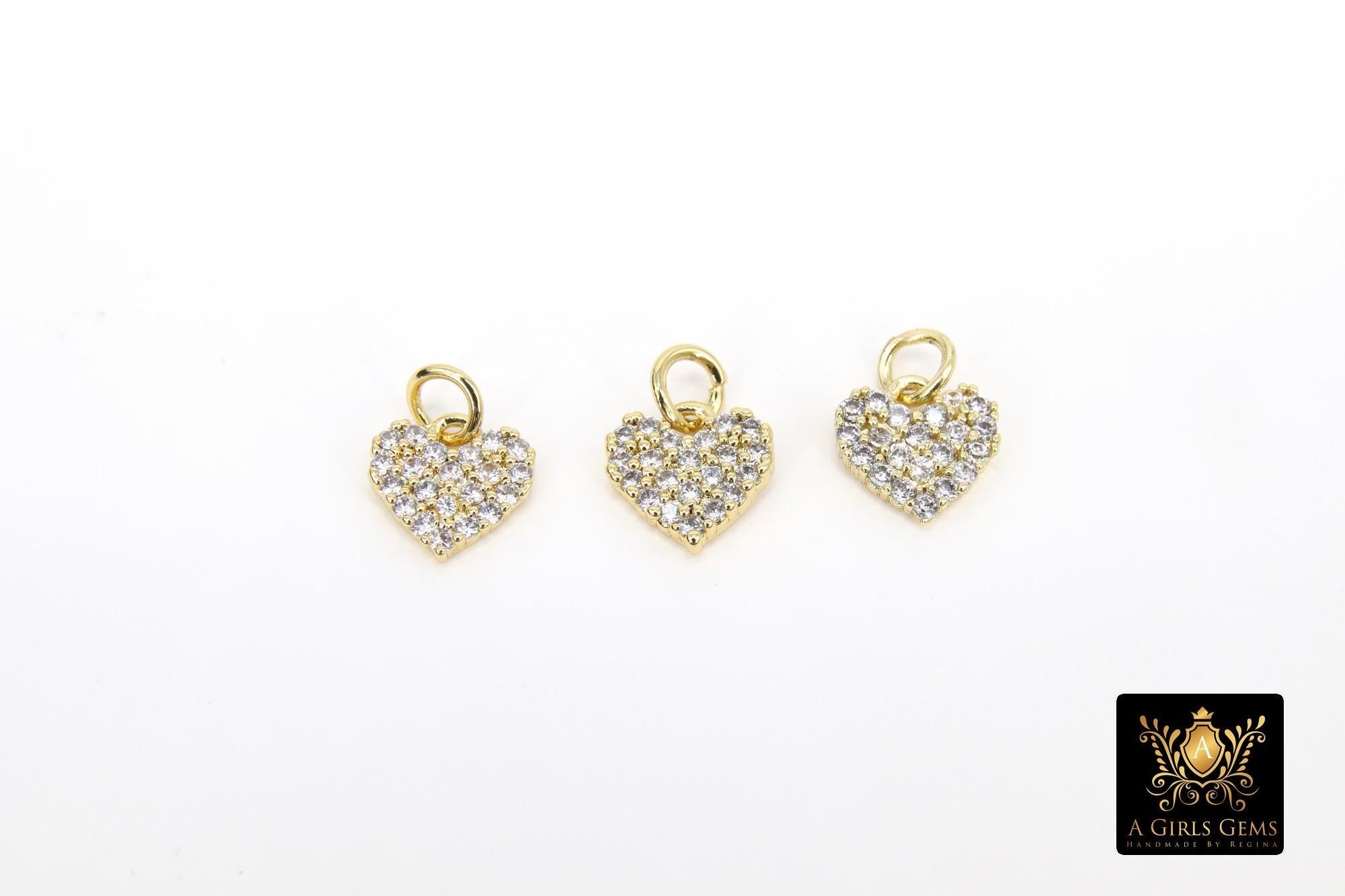 CZ Paved Gold Heart Charm, 9 mm Silver Cubic Zirconia Flat Heart Shaped Charm #170, Tiny CZ Heart Charms