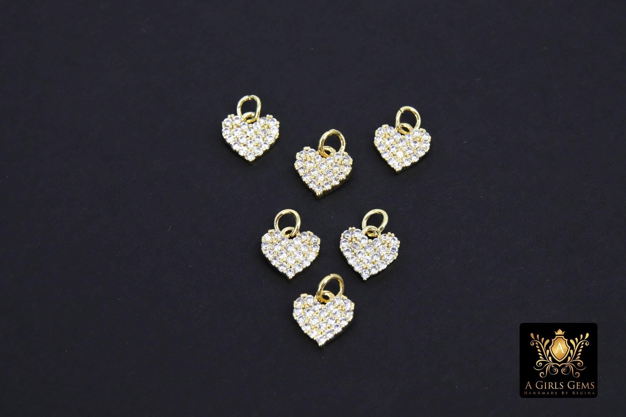CZ Paved Gold Heart Charm, 9 mm Silver Cubic Zirconia Flat Heart Shaped Charm #170, Tiny CZ Heart Charms
