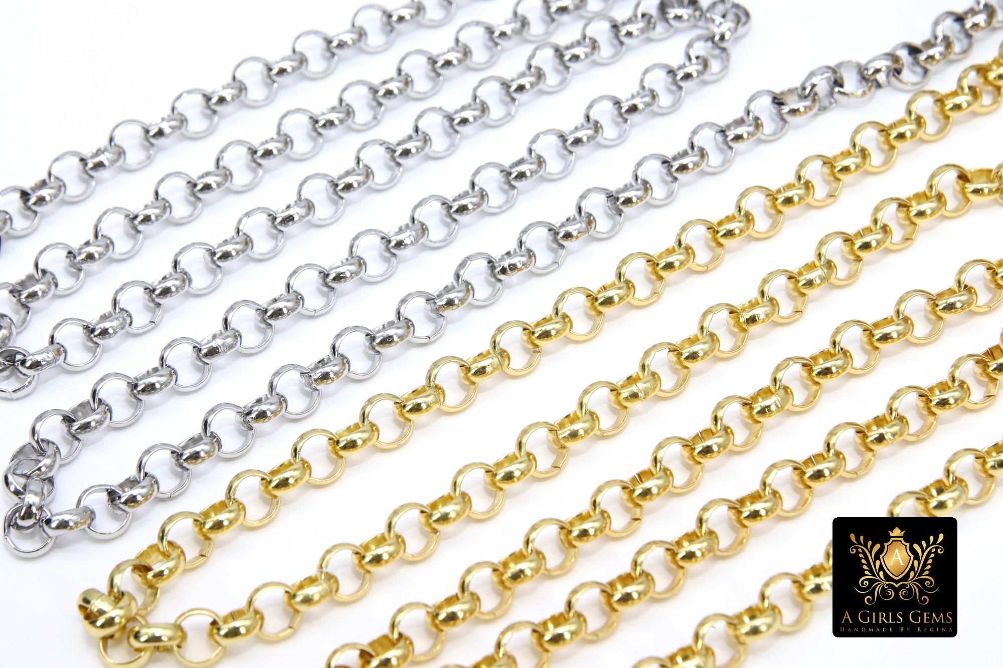 Gold or Silver 7 mm Large Steel Rolo Unsoldered Chains By The Yard Foot