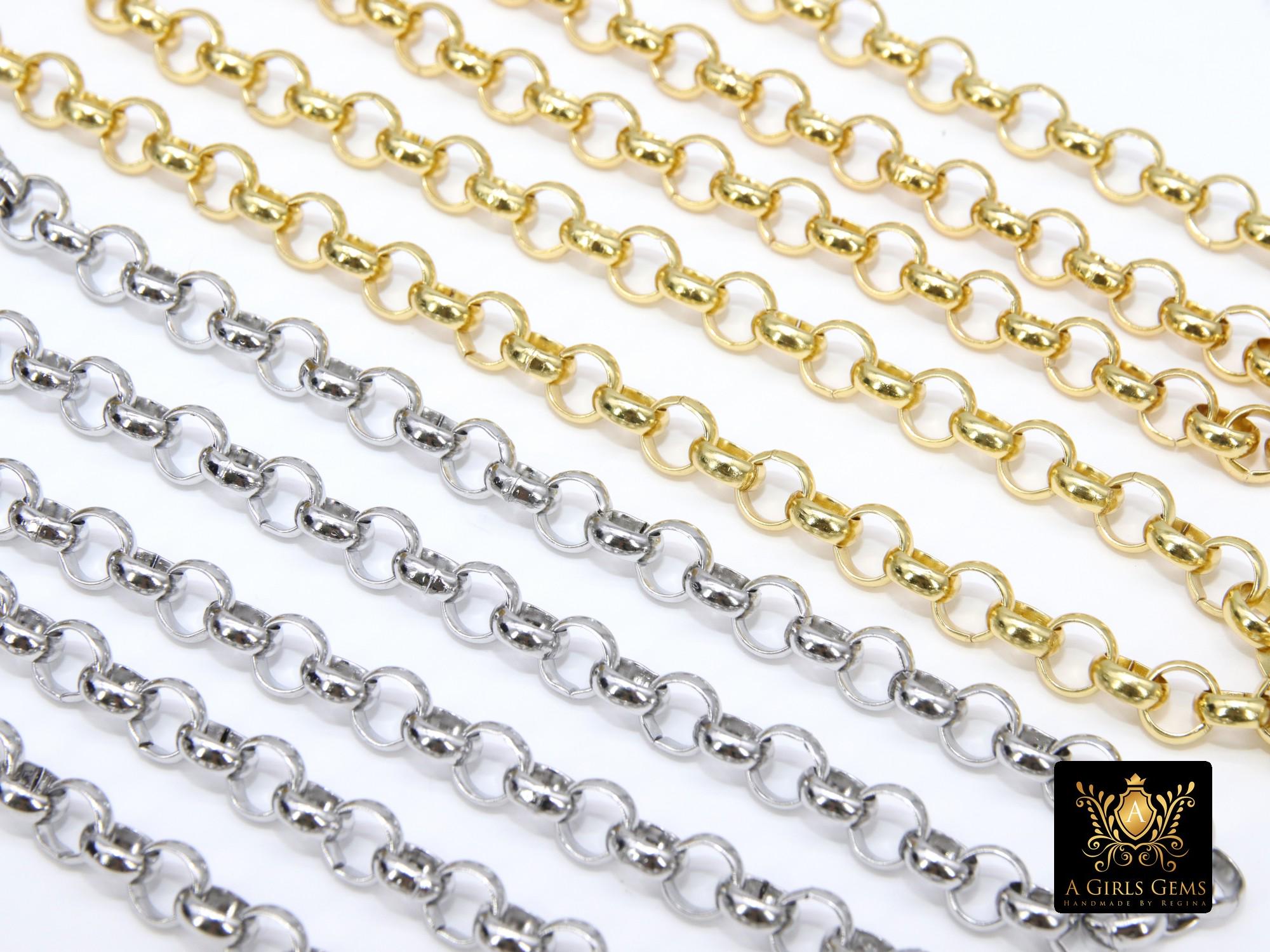 Gold Stainless Steel ROLO Chain, 7 mm Silver Chains CH #258, Large Wide Unfinished Round Rolo