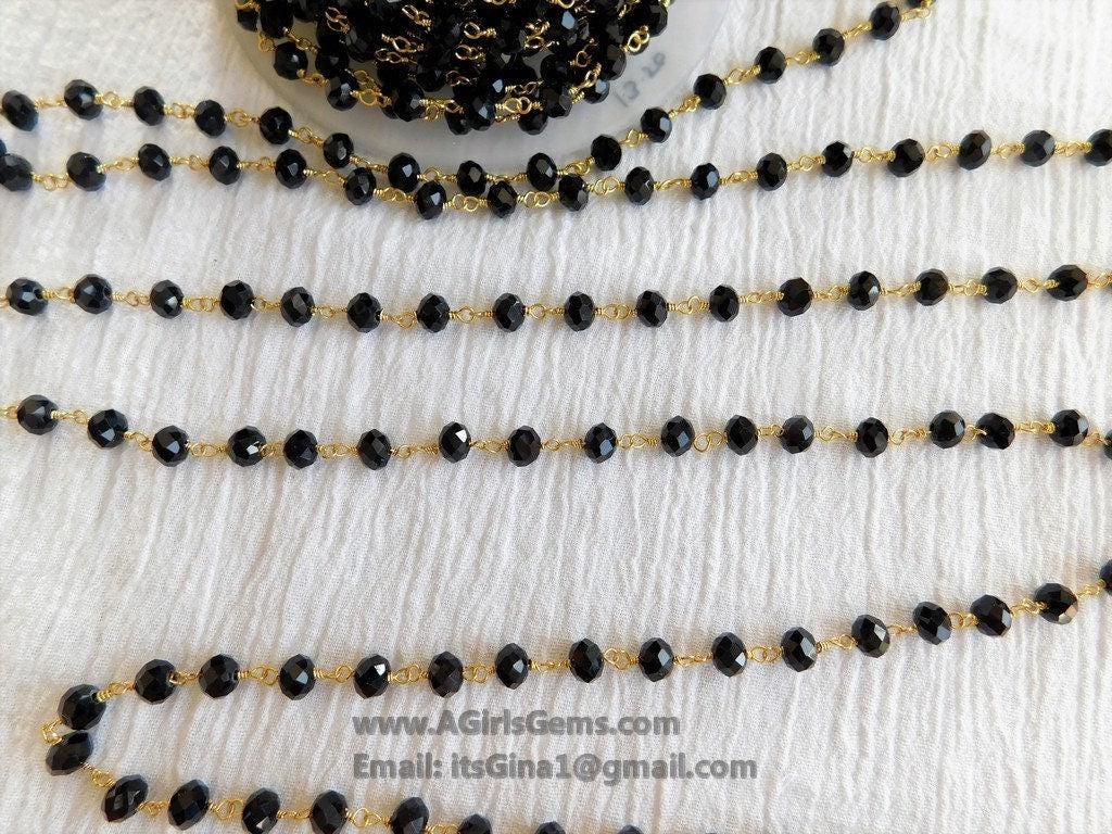 Black Crystal Rosary Chain, 6 mm Glass Beaded Rosary CH #344, Gold Plated Wire Wrapped Chains