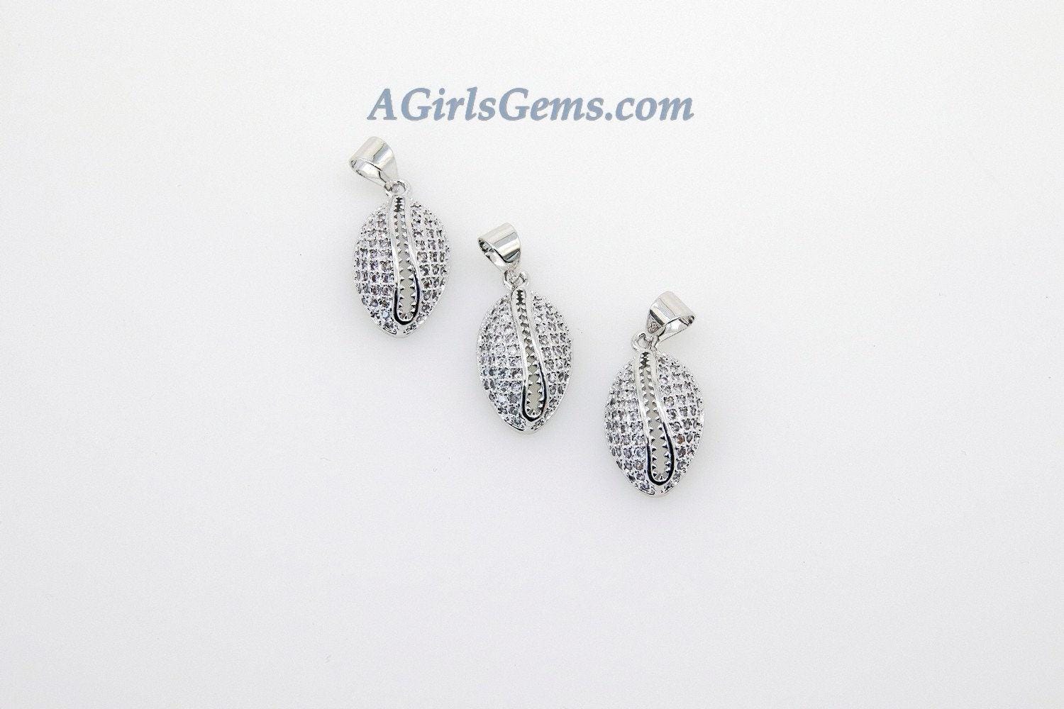 CZ Micro Pave Cowrie Shell Pendant, 2 Pcs Cubic Zirconia Seashell, Conch Shells Charm