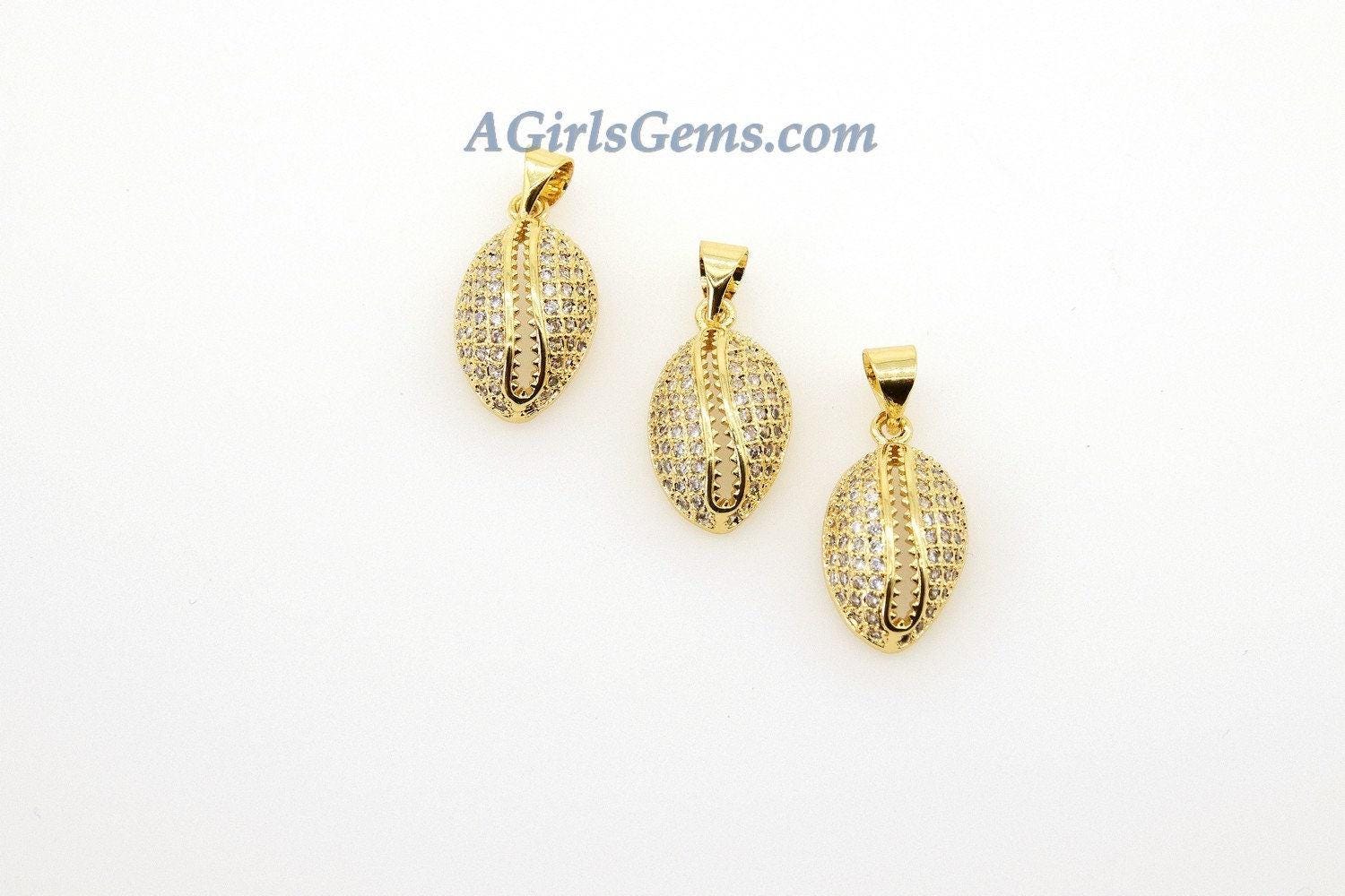 CZ Micro Pave Cowrie Shell Pendant, 2 Pcs Cubic Zirconia Seashell, Conch Shells Charm