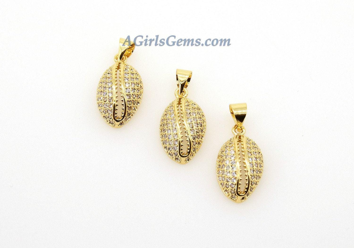 CZ Micro Pave Cowrie Shell Pendant, 2 Pcs Cubic Zirconia Seashell, Conch Shells Charm