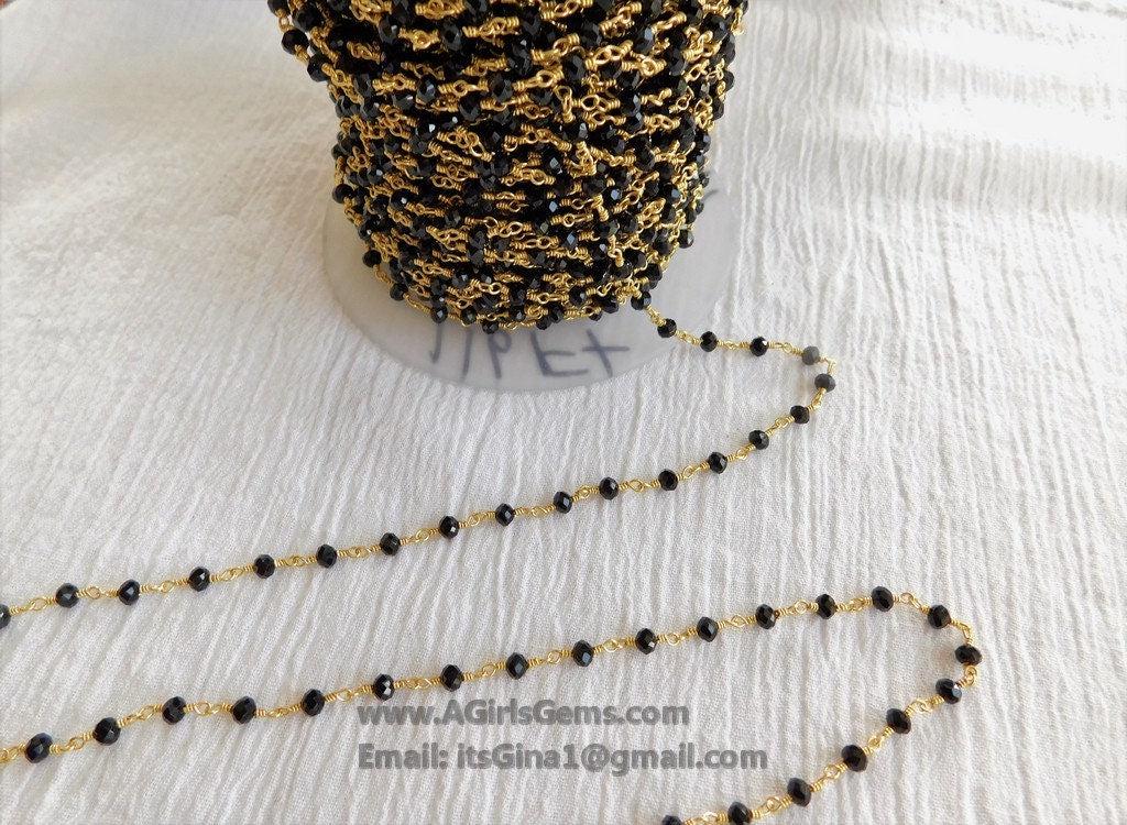 Black Beaded Rosary Chain, 4 mm Beaded Gold Rosary Chain CH# 343, Rondelle Silver Wire Wrapped CH# 436