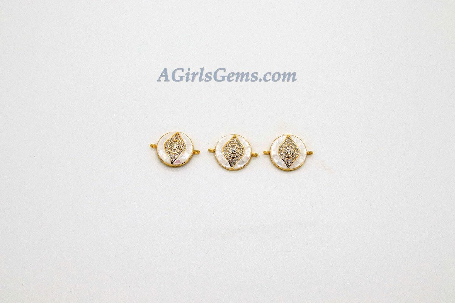 Evil Eye Connector, CZ Pave Gold Shell White Evil Eye Protection #393, Mother of Pearl Evil Eye