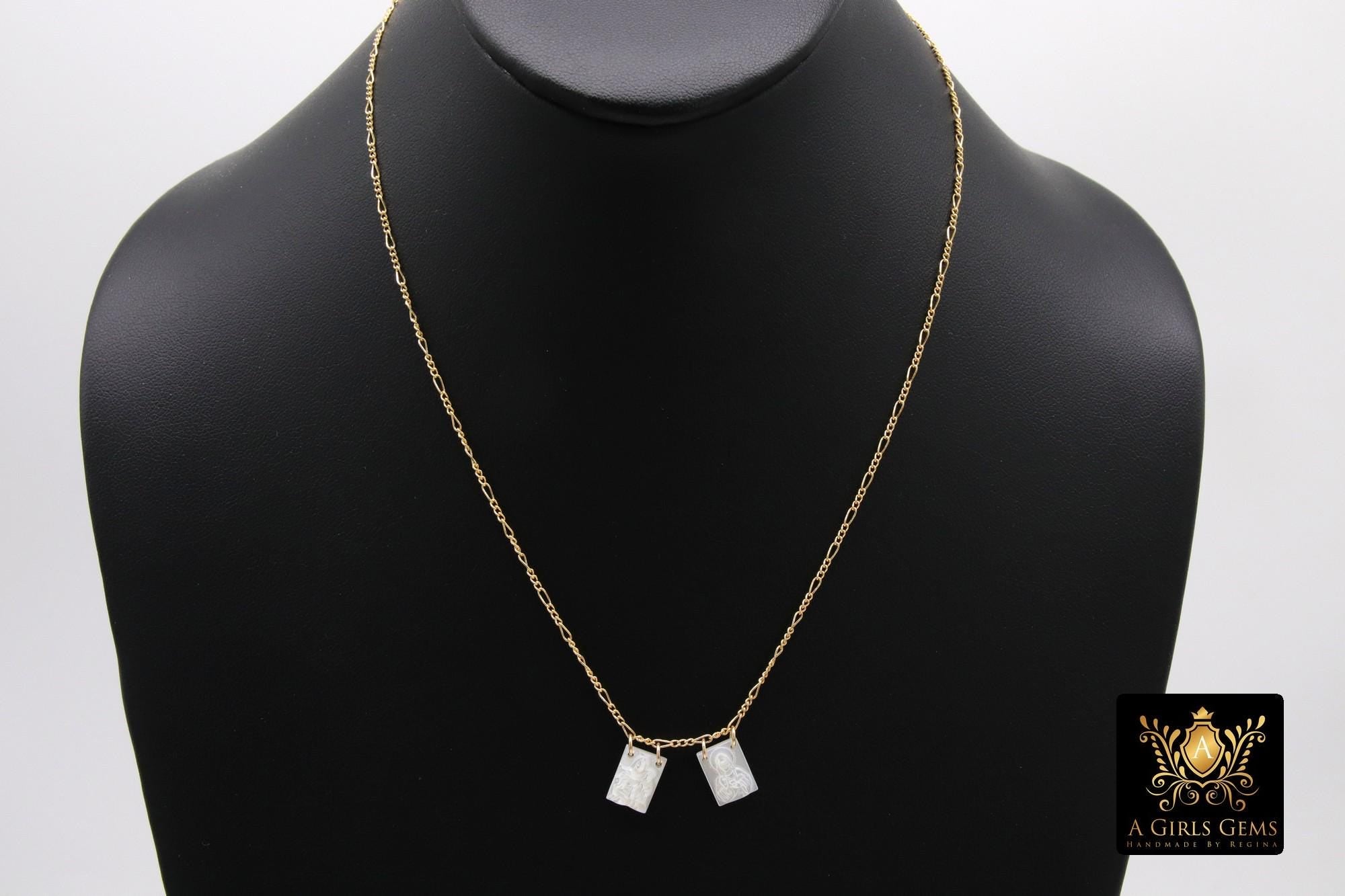 925 Sterling Silver Madonna and Child Scapular Necklace, 14 K Gold Filled Mother of Pearl Jesus Figaro Chain #615, Virgin Mary Medal