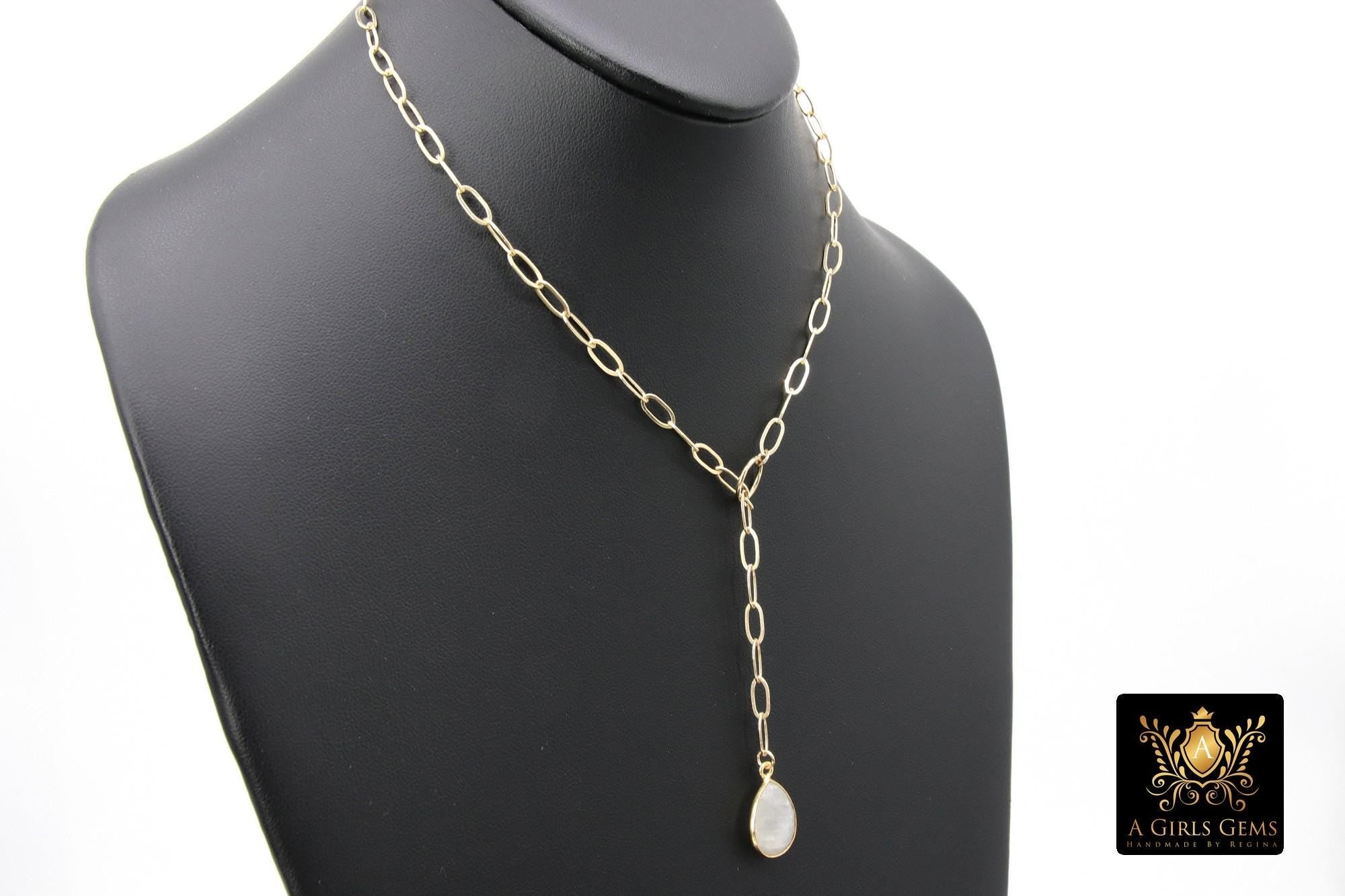 14 K Gold Filled Moonstone Paperclip Chain Necklace, Genuine Labradorite Lariat, Gold Teardrop Gemstone Drop Necklace