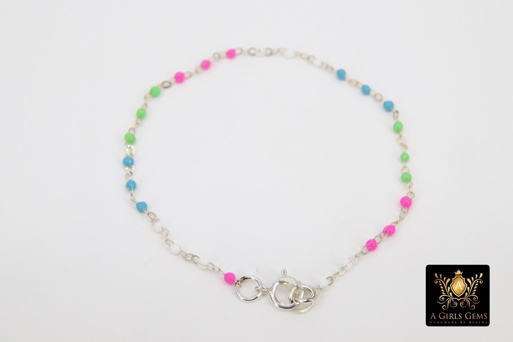 925 Sterling Silver Dainty Satellite Enamel Bracelet, Rainbow Beaded Silver Jewelry #2626, Stamped 925