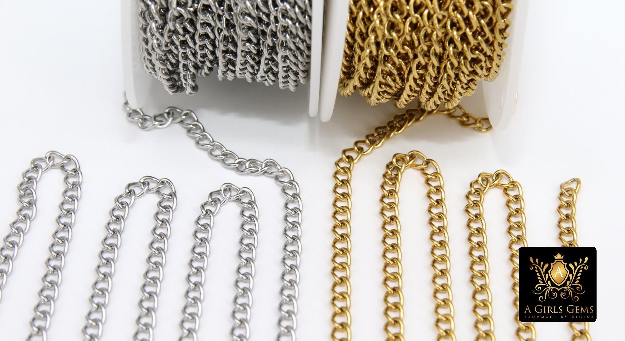 Gold Cuban Curb Chain, Silver 304 Stainless Steel 5 mm Charm Link Chains CH #235, Unfinished Oval Curb Chains