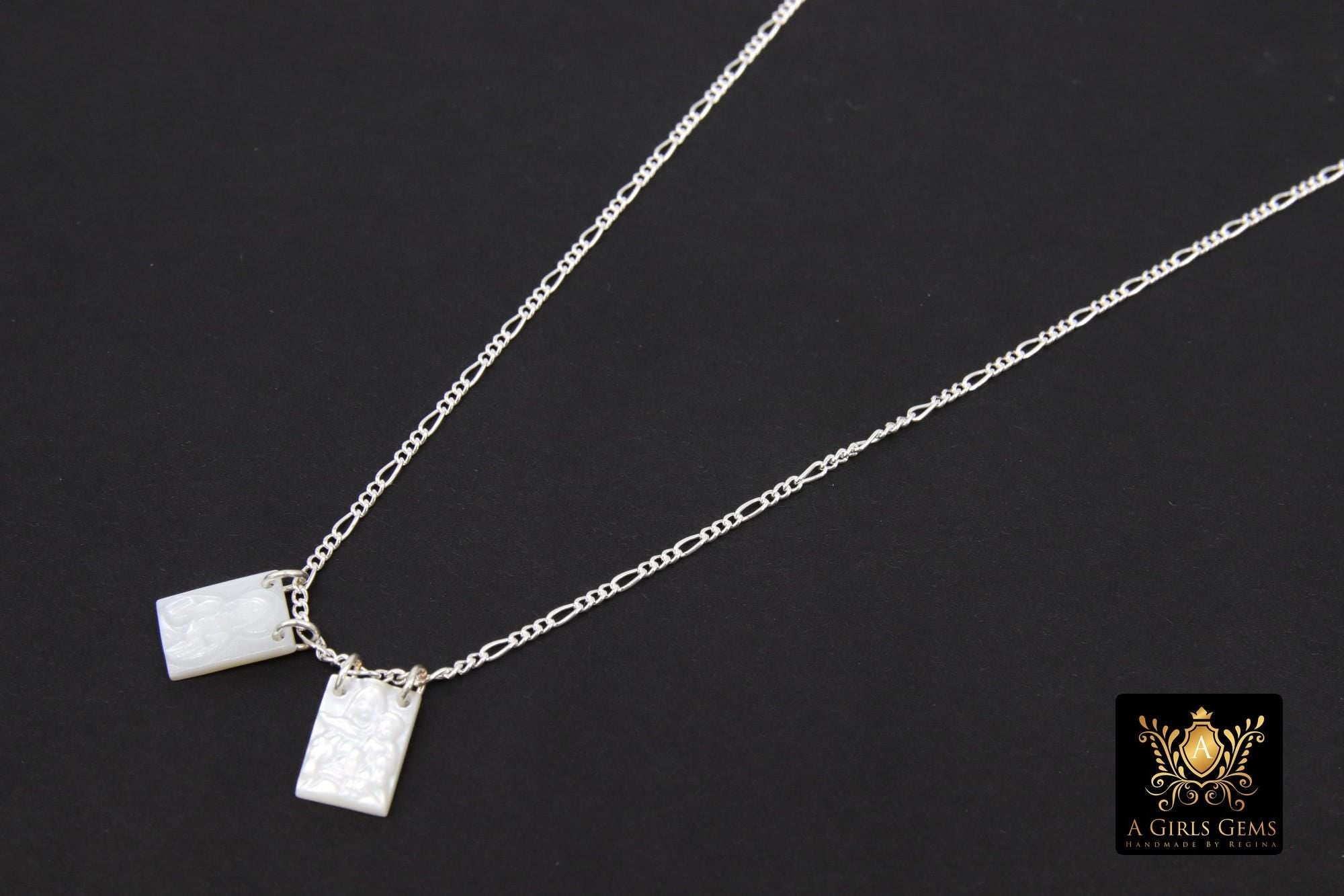 925 Sterling Silver Scapula Jesus Necklace, 14 K Gold Filled Madonna Mary and Child Pearl Rectangle Charms