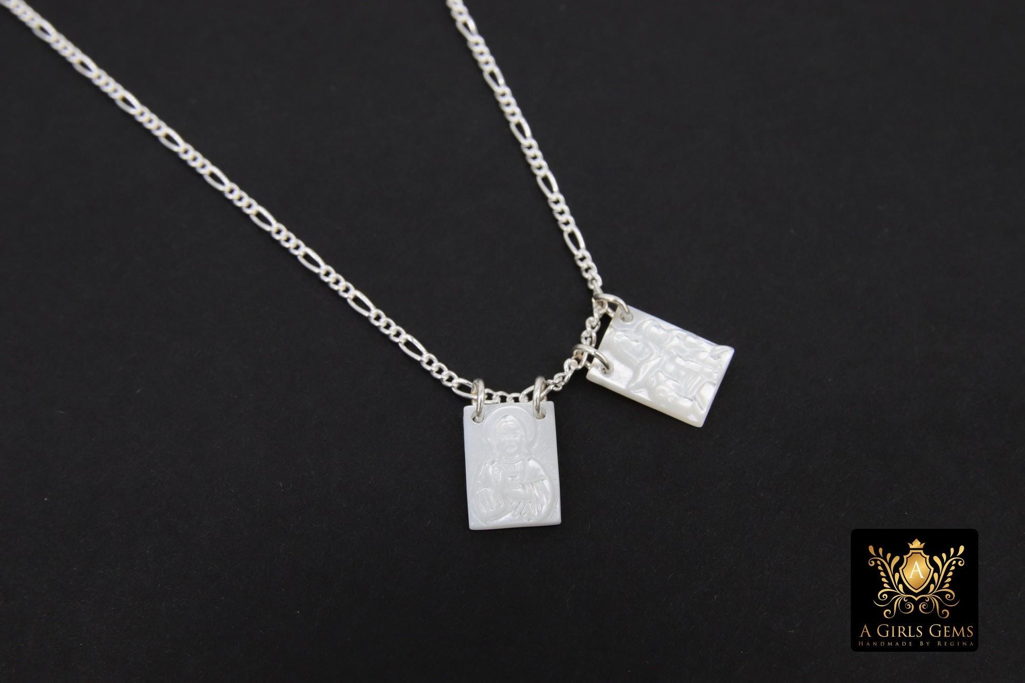 925 Sterling Silver Madonna and Child Scapular Necklace, 14 K Gold Filled Mother of Pearl Jesus Figaro Chain #615, Virgin Mary Medal