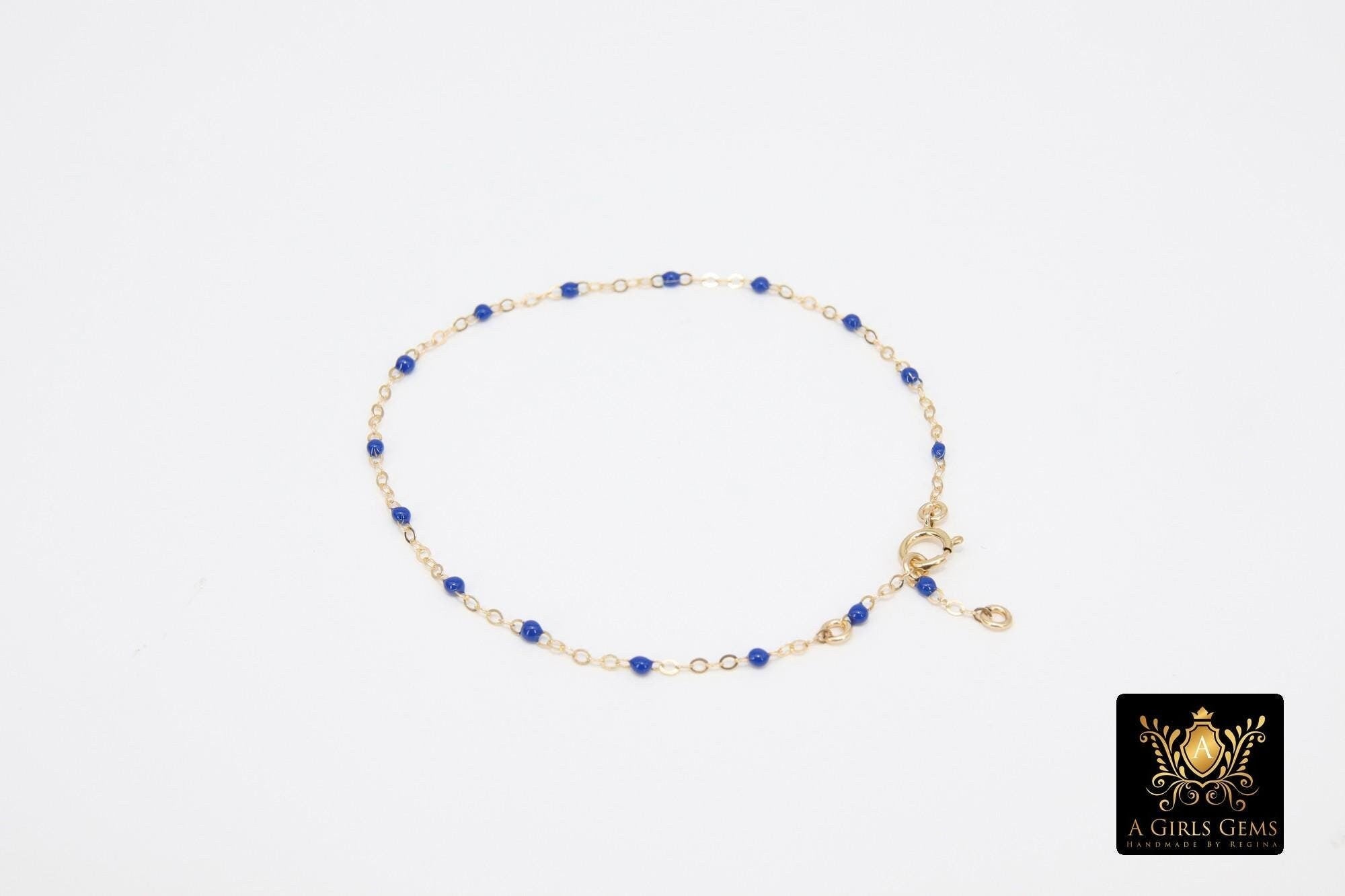 14 K Gold Filled Dainty Enamel Beaded Satellite Charm Bracelet, Adjustable Chain Bracelet
