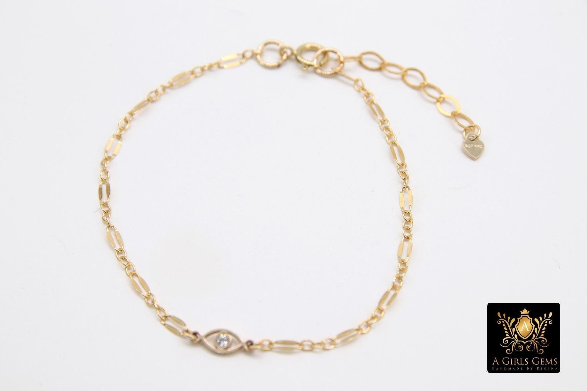 14 K Gold Filled Evil Eye Adjustable Sequin Bar Chain Link Bracelet