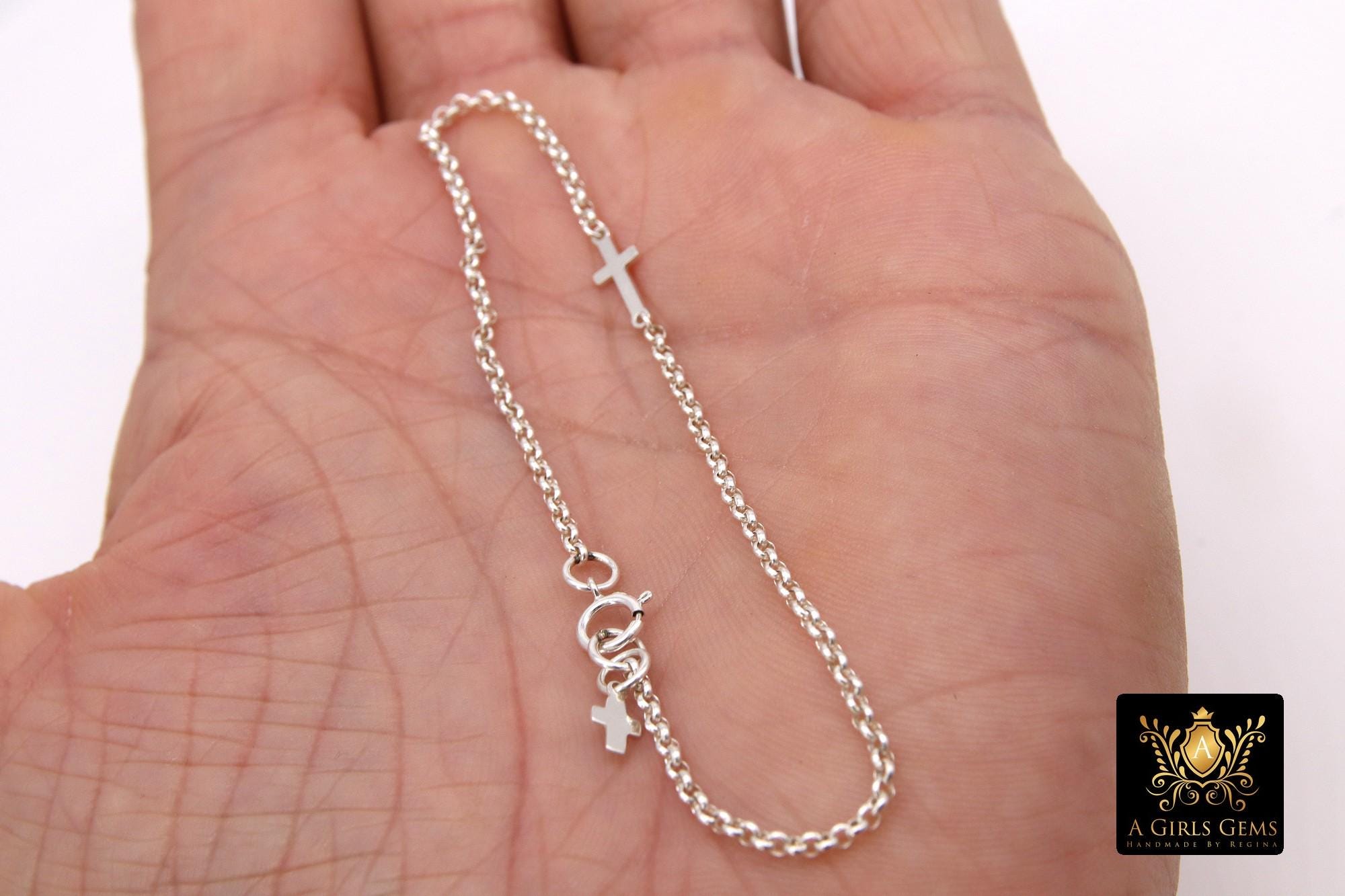 925 Sterling Silver Cross Chain Bracelet, Two Crosses On Rolo Chain Links #615, Cross Charm Bracelet