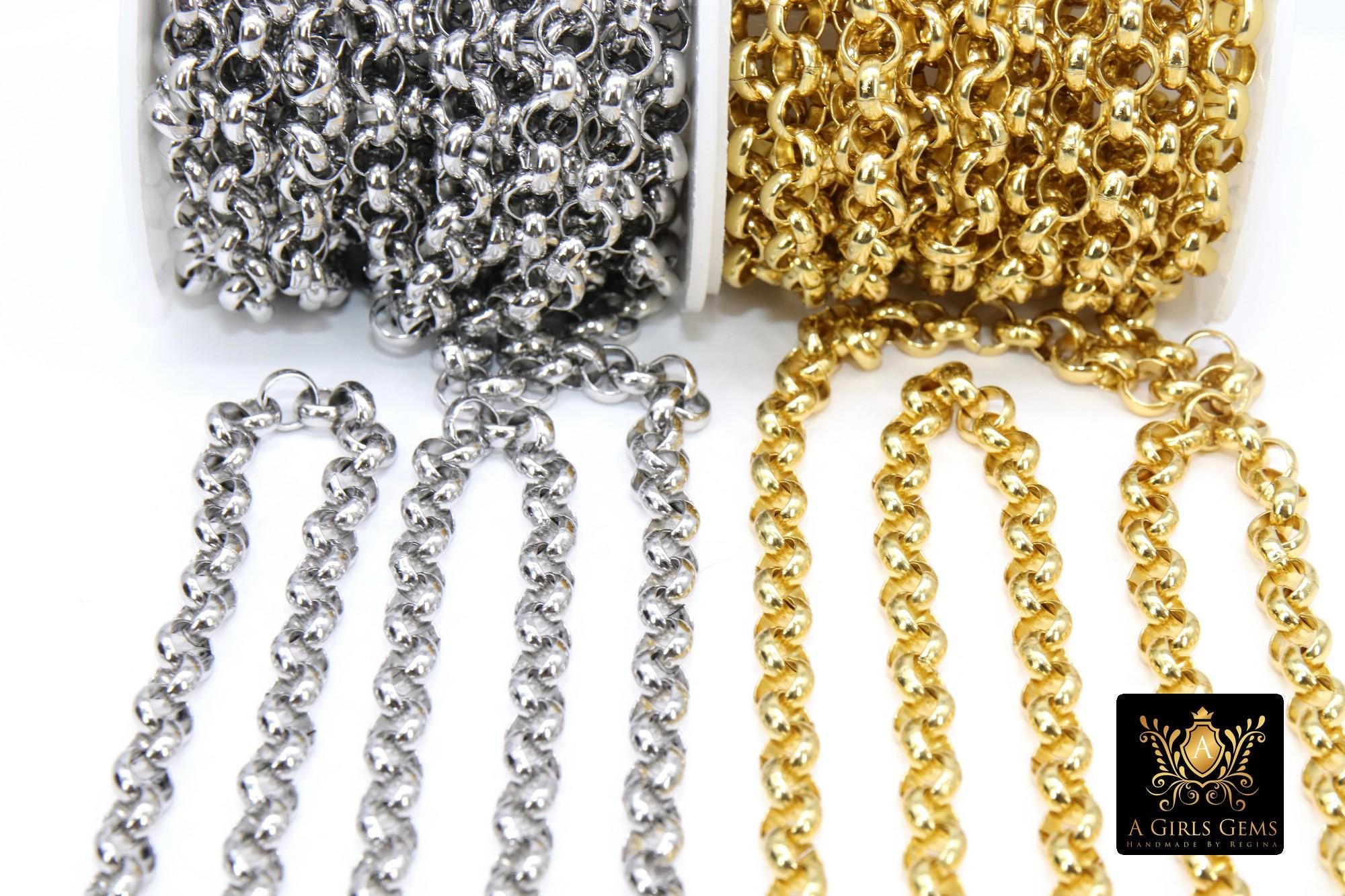 Gold Stainless Steel ROLO Chain, 7 mm Silver Chains CH #258, Large Wide Unfinished Round Rolo