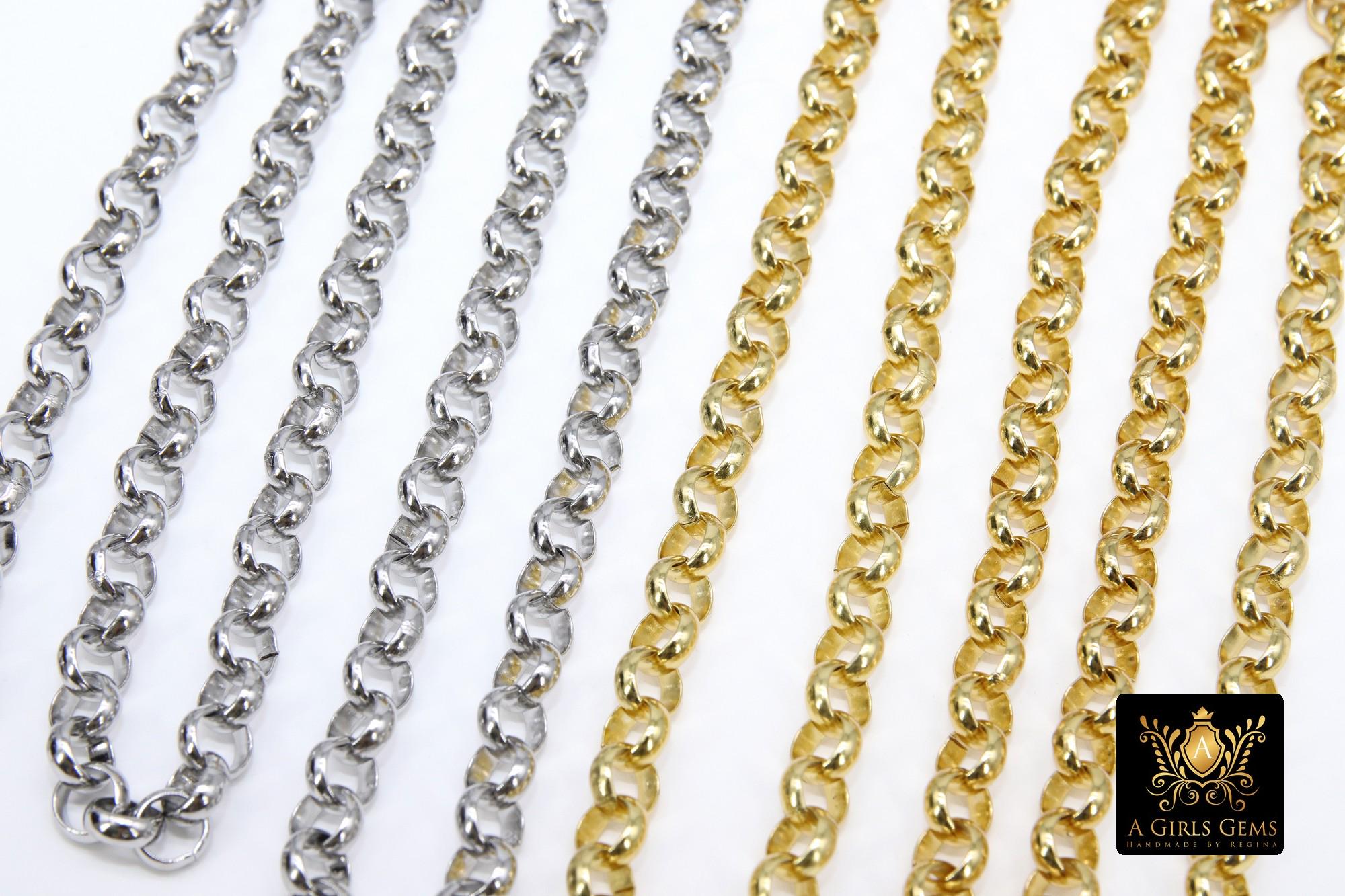 Gold Stainless Steel ROLO Chain, 7 mm Silver Chains CH #258, Large Wide Unfinished Round Rolo