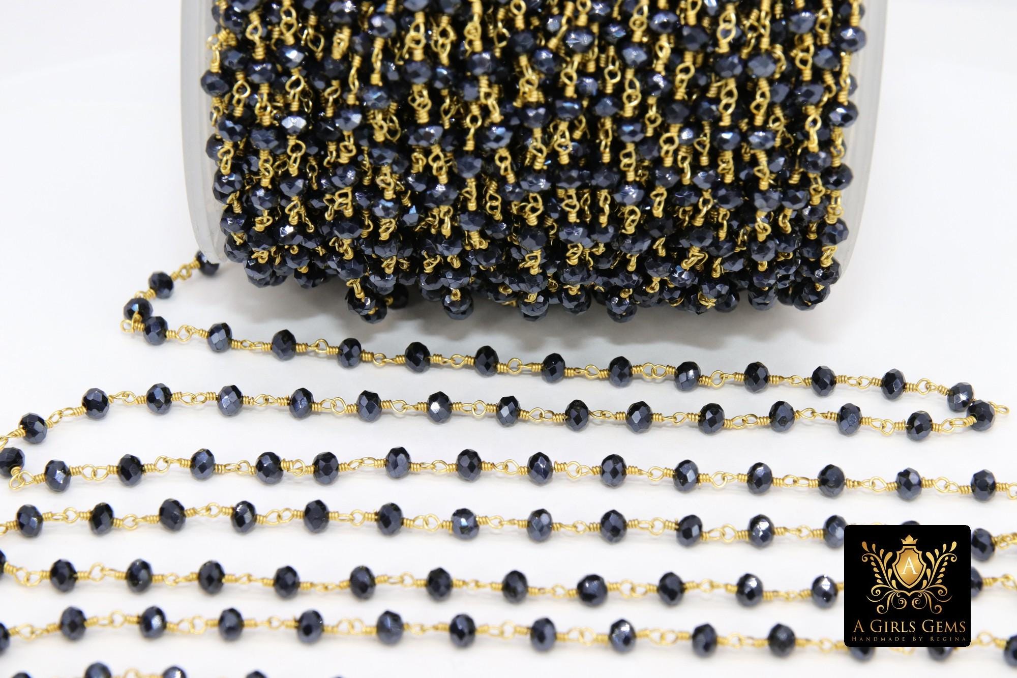 Black AB Rosary Chain, 4 mm Beaded Black Mystic Boho Chains CH #334, Gold Plated Wire Wrapped Unfinished Chains