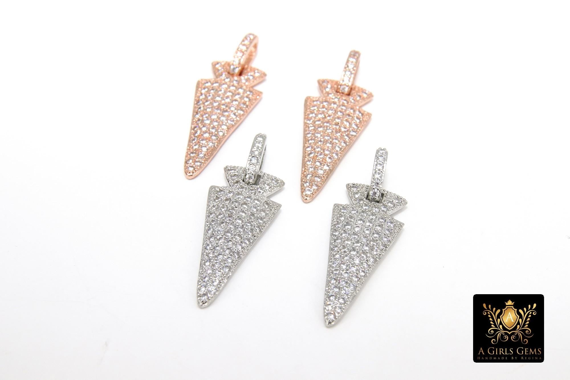 Silver CZ Pave Arrow Charms, Rose Gold Plated Diamond Pave #43, Cubic Zirconia 12 x 28 mm Arrowheads