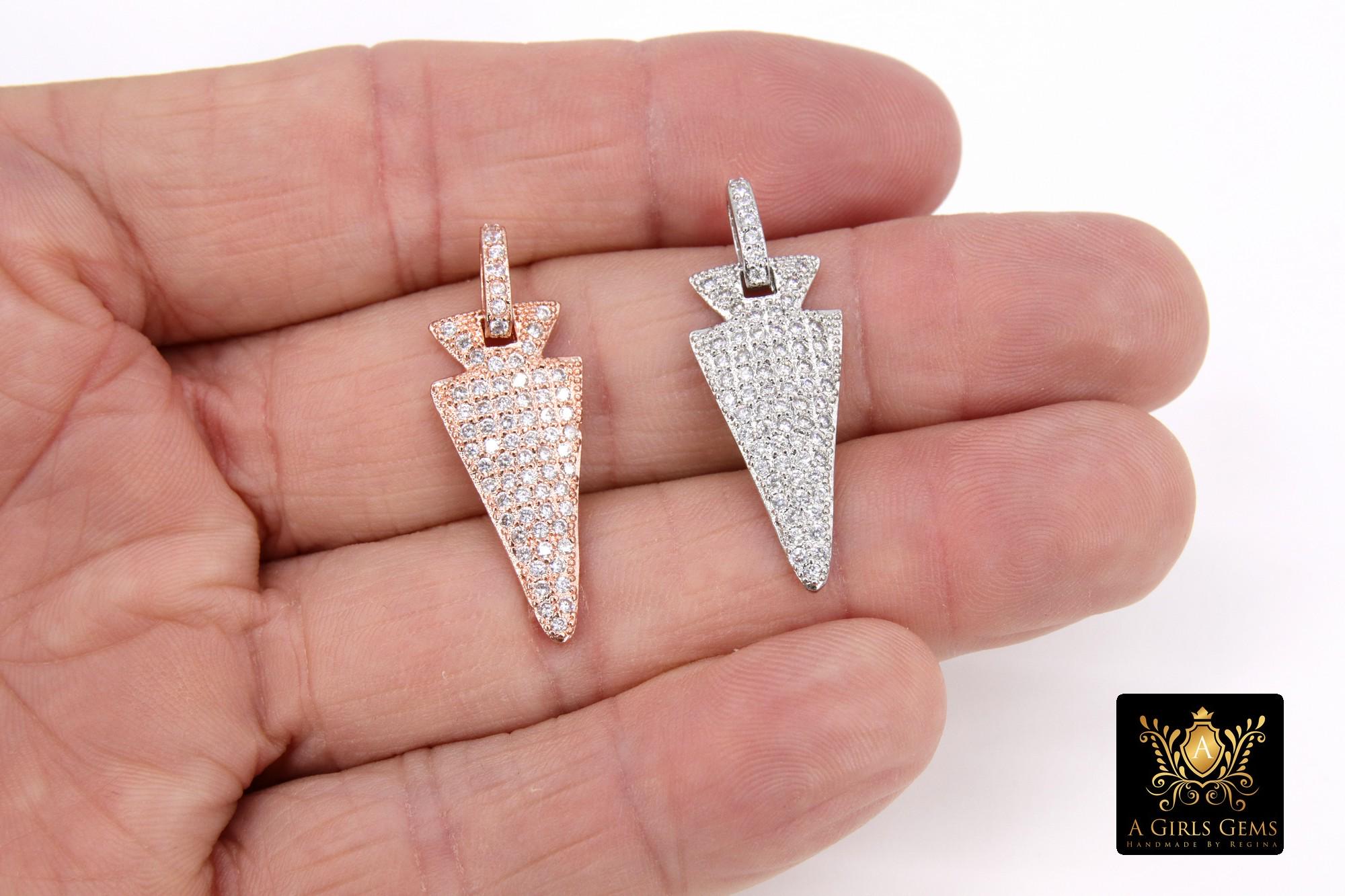Silver CZ Pave Arrow Charms, Rose Gold Plated Diamond Pave #43, Cubic Zirconia 12 x 28 mm Arrowheads