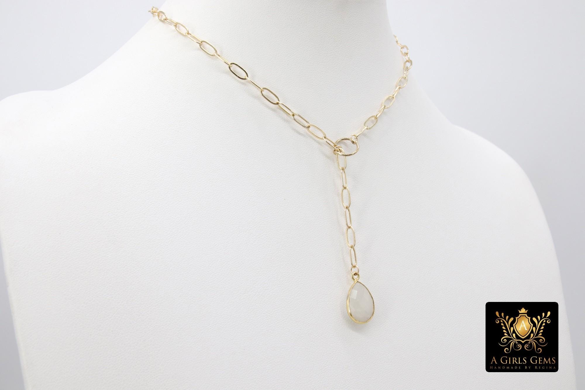 14 K Gold Filled Moonstone Paperclip Chain Necklace, Genuine Labradorite Lariat, Gold Teardrop Gemstone Drop Necklace