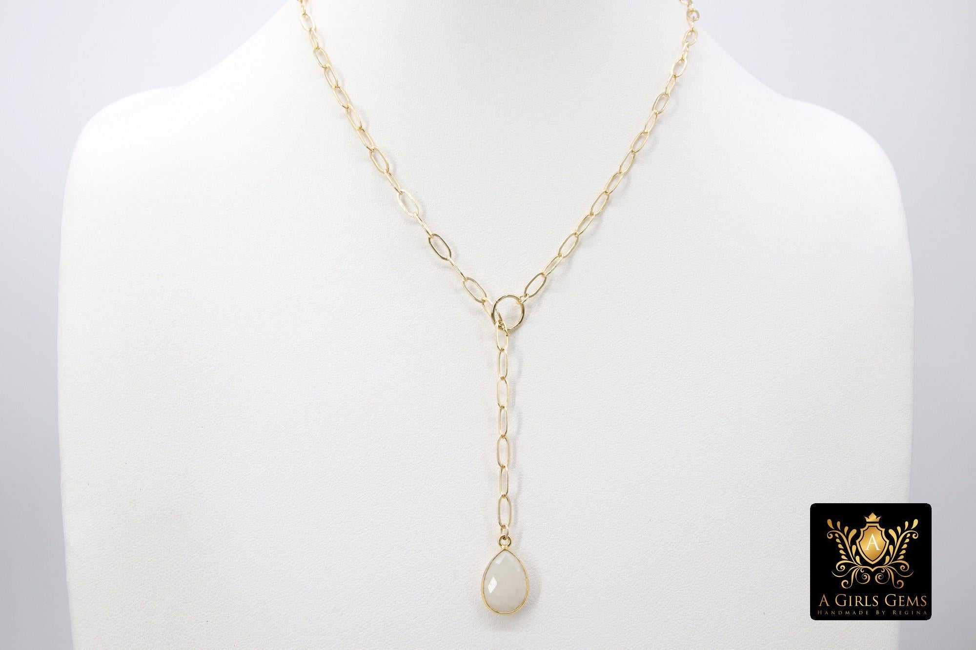 14 K Gold Filled Moonstone Paperclip Chain Necklace, Genuine Labradorite Lariat, Gold Teardrop Gemstone Drop Necklace