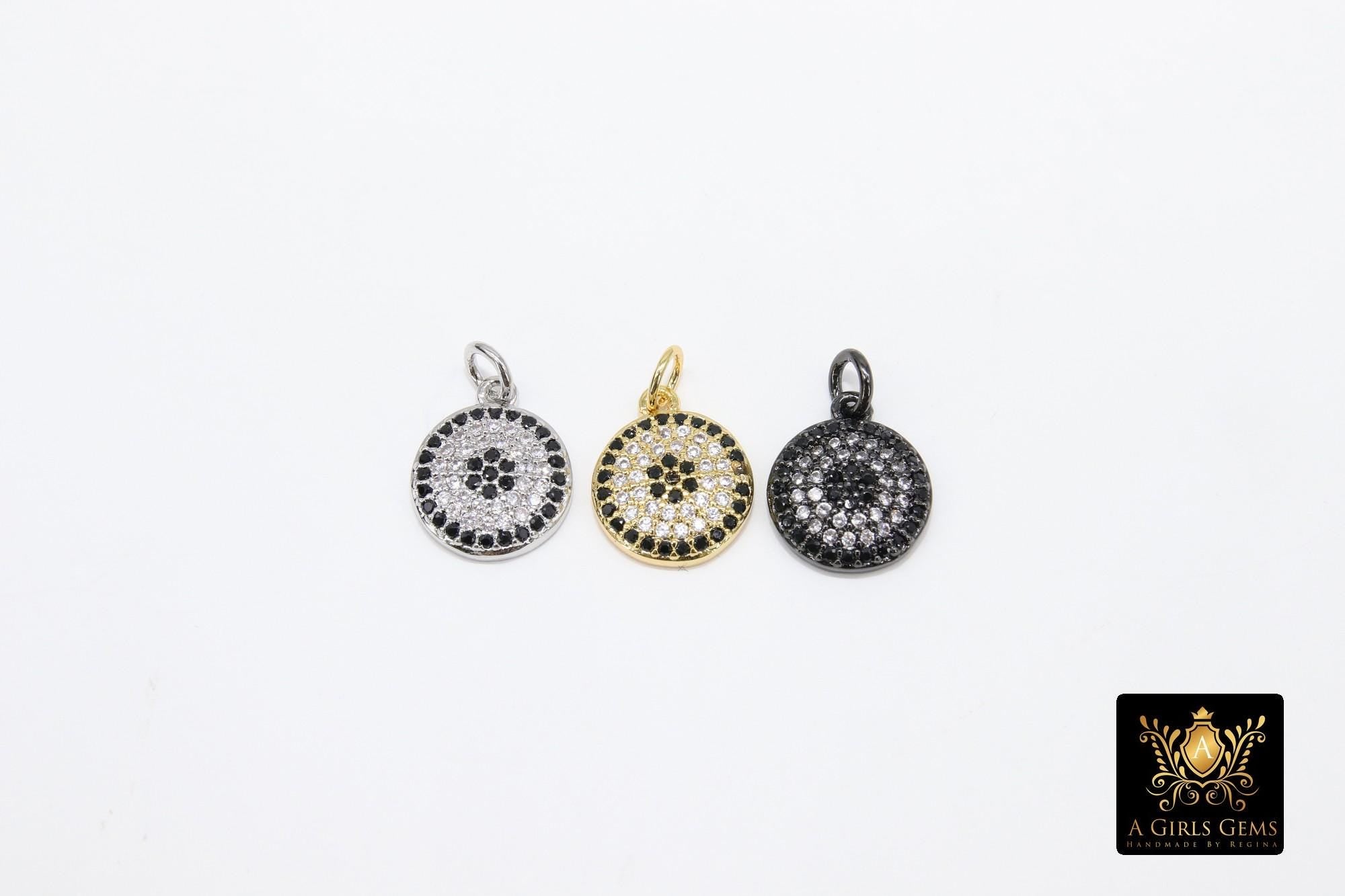 Tiny Evil Eye Connectors, CZ Micro Pave Gold Round Disc Charms #81, Clear and Black Pave Lucky Eye Charm