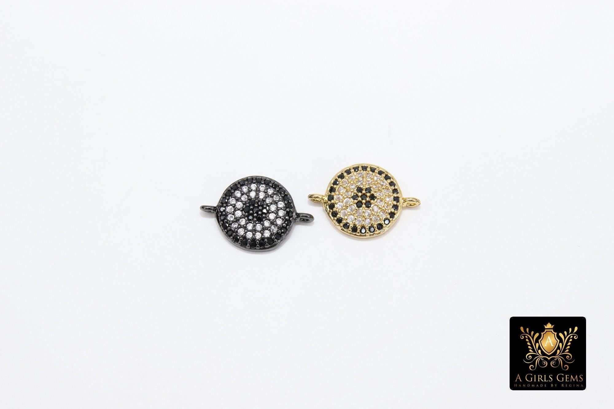 Tiny Evil Eye Connectors, CZ Micro Pave Gold Round Disc Charms #81, Clear and Black Pave Lucky Eye Charm