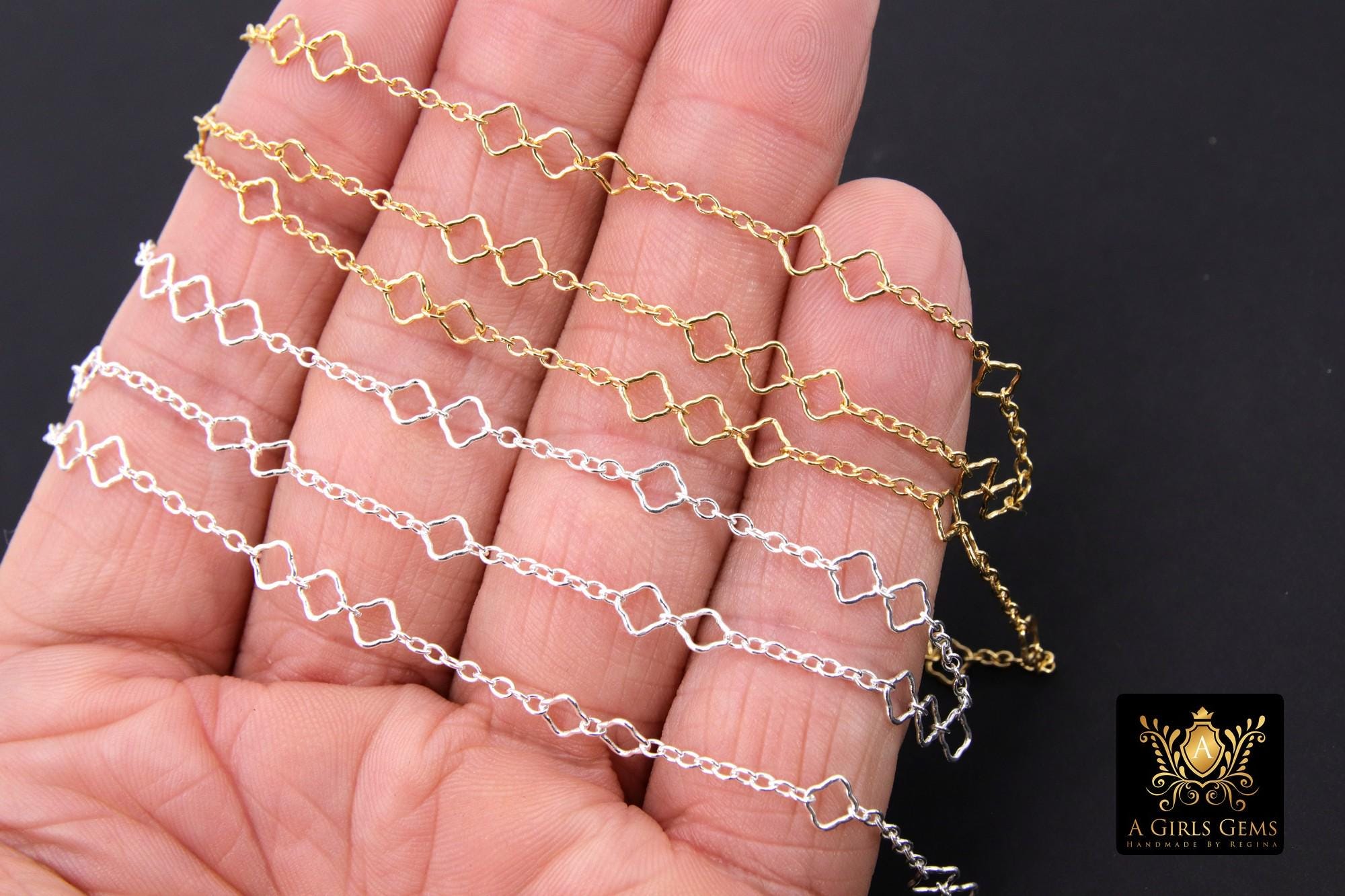 14 K Gold Filled Clover Chain, 5.1 mm Quatrefoil 925 Sterling Silver Links CH# 874, Unfinished Dainty Chain CH# 909