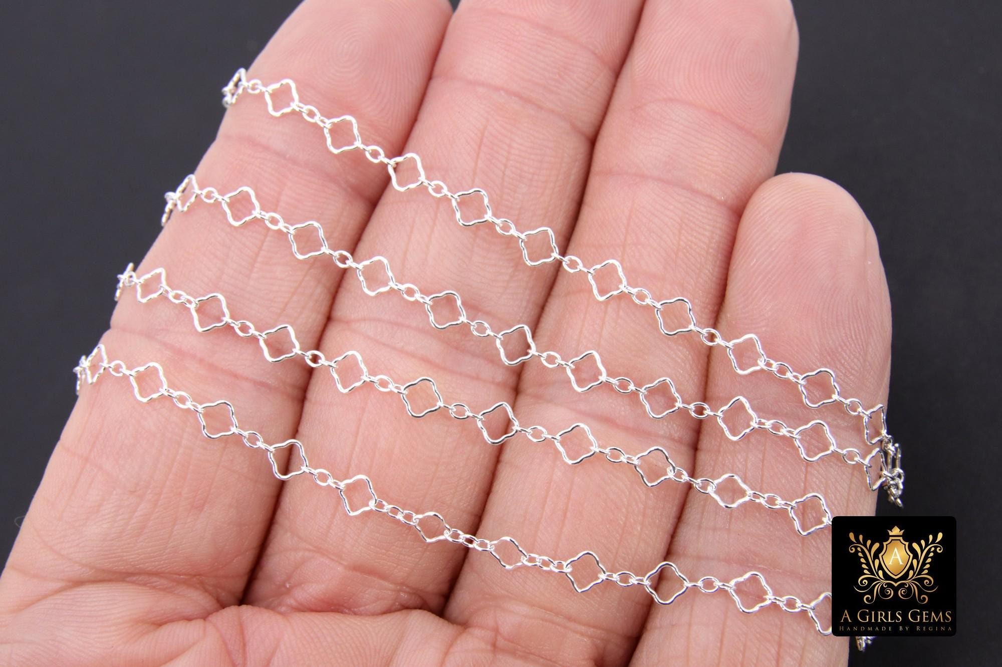 14 K Gold Filled Clover Chain By The Foot, 925 Sterling Silver Quatrefoil Long and Short Rolo Chain