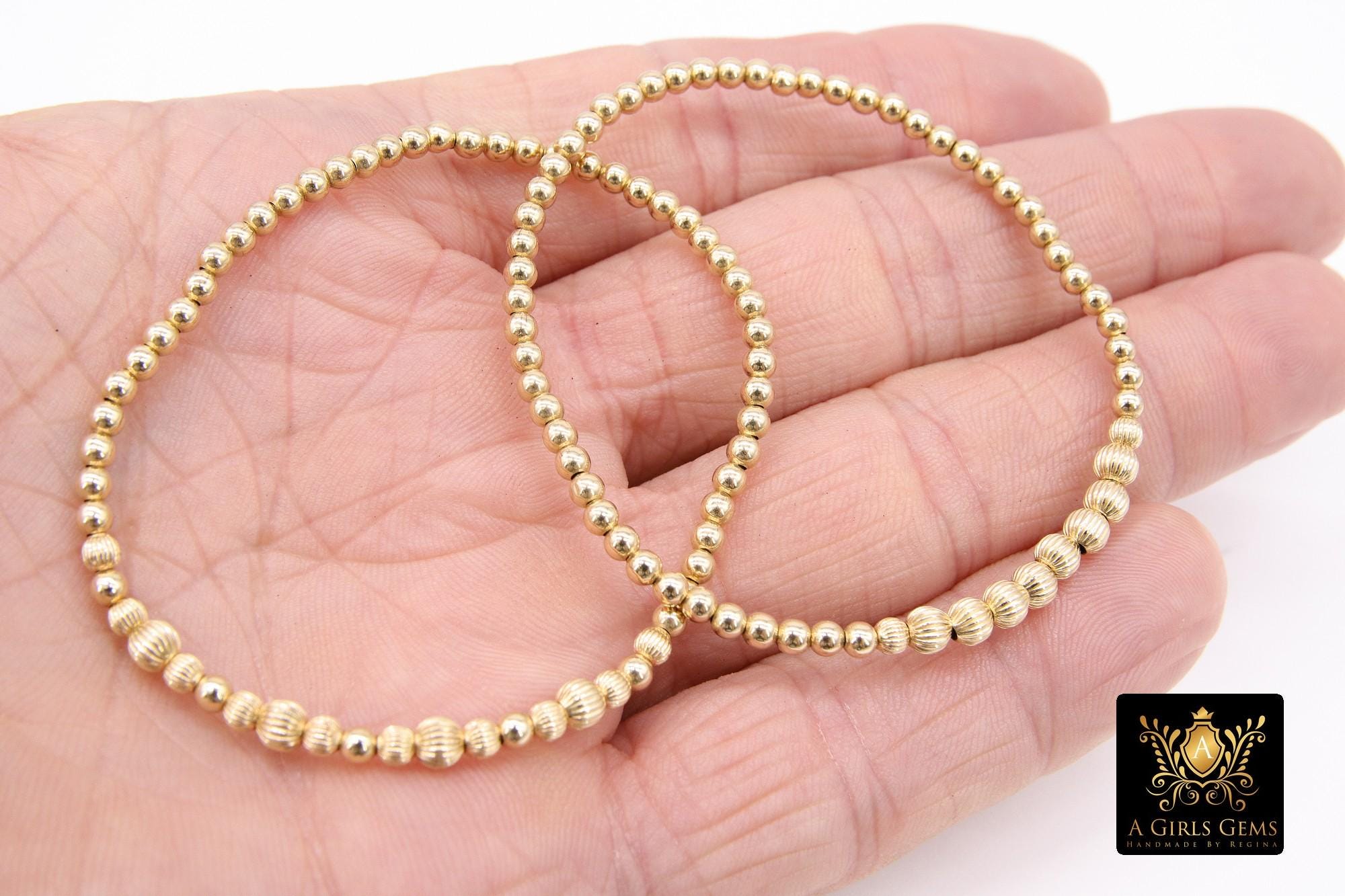 14 K Gold Filled Textured Corrugated Beaded Stretchy Bracelet Stacks