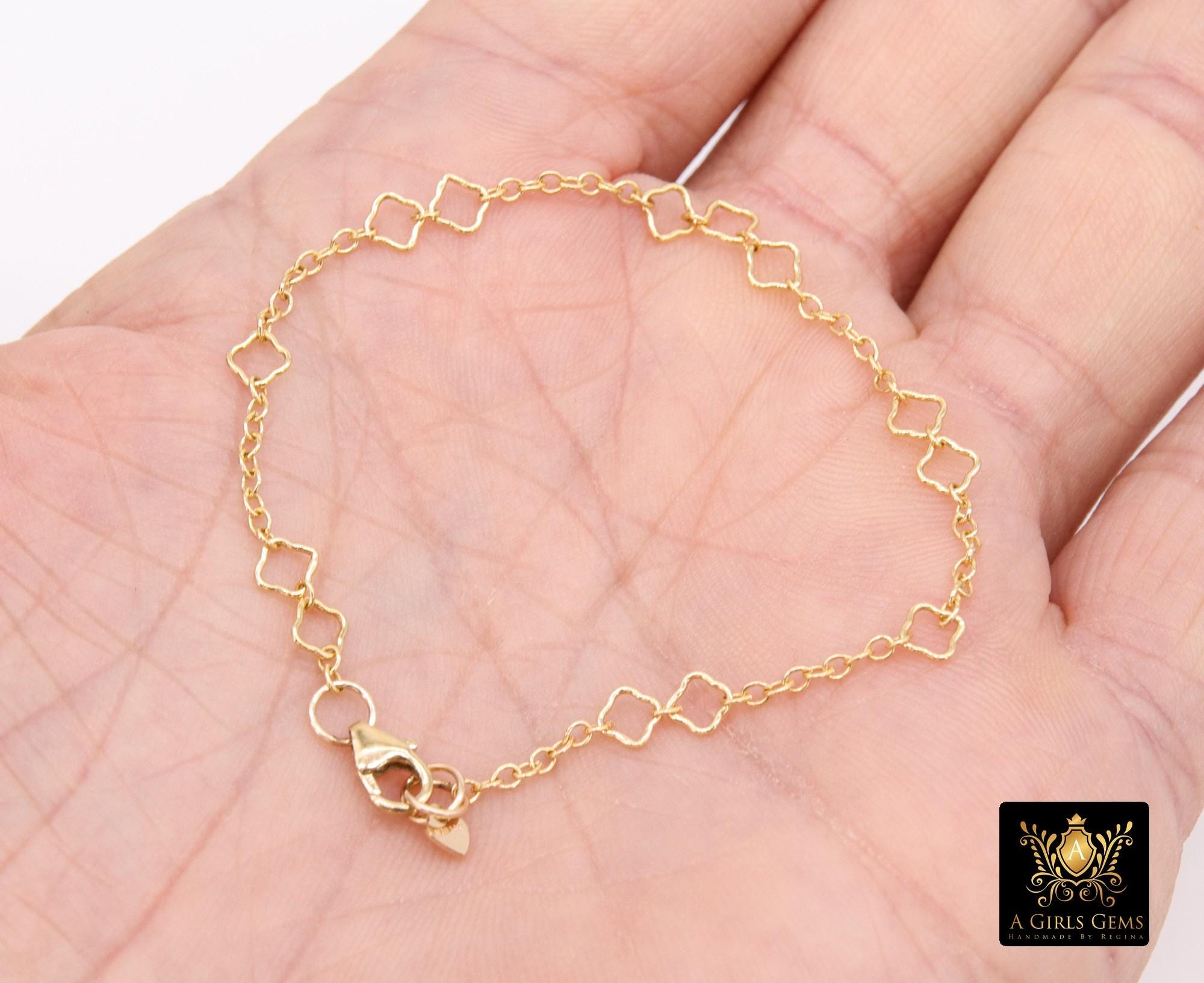 14 K Gold Filled Clover Chain Bracelet, 925 Sterling Silver Long Short Quatrefoil Link Bracelet, Stamped 14/20 or 925