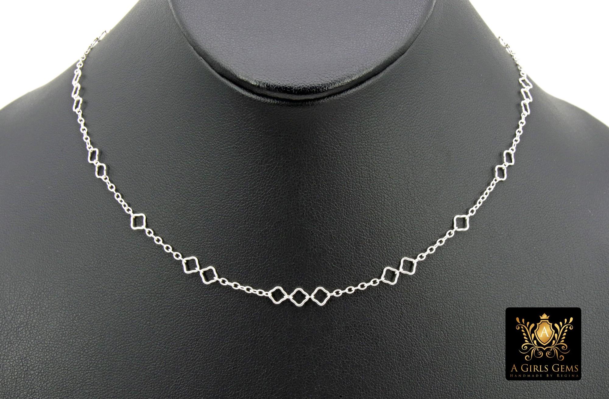 14 K Gold Filled Clover Chain Necklace, 925 Sterling Silver Long Short Quatrefoil Link Necklace, Stamped 14/20 or 925