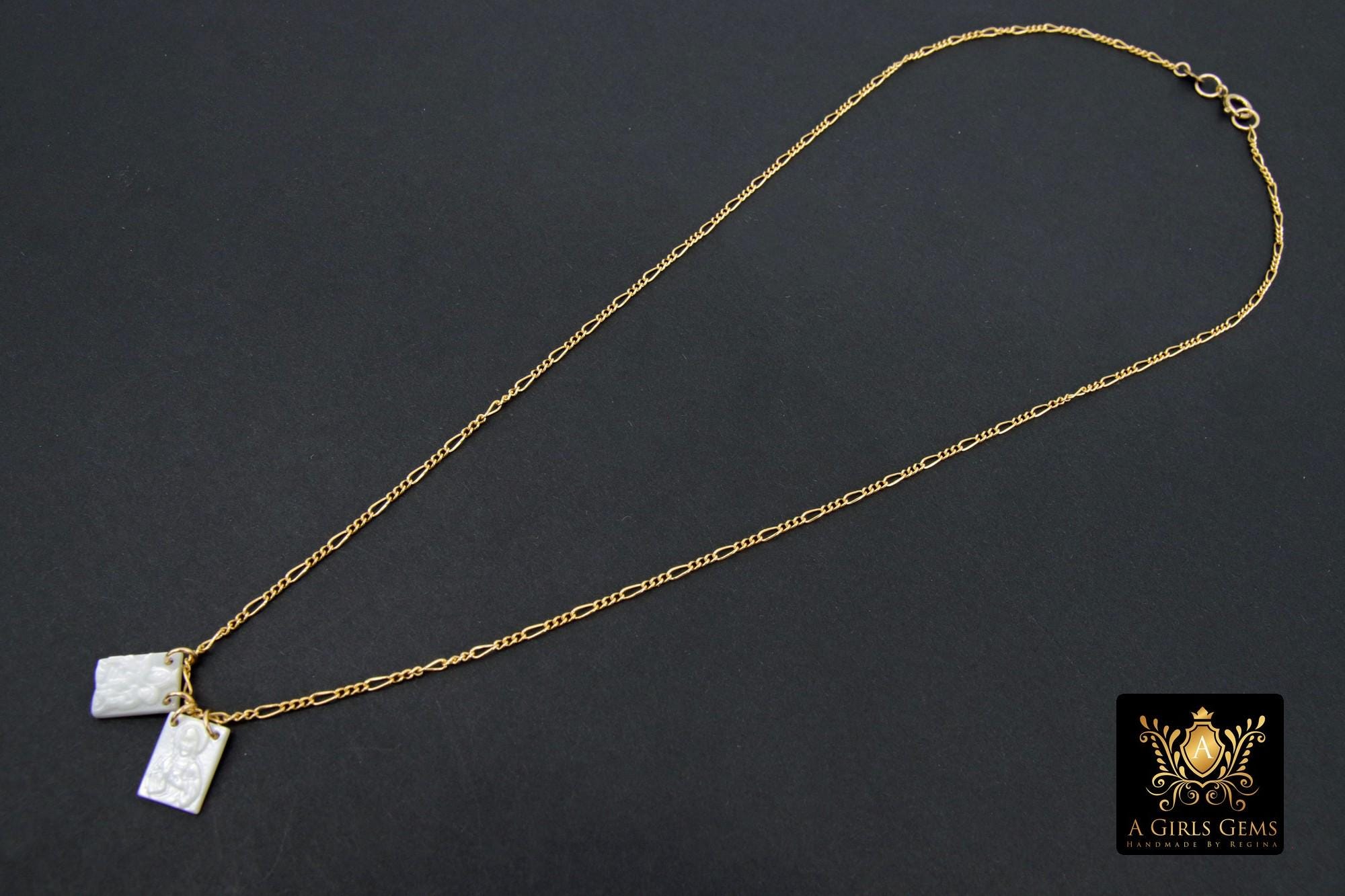 925 Sterling Silver Scapula Jesus Necklace, 14 K Gold Filled Madonna Mary and Child Pearl Rectangle Charms