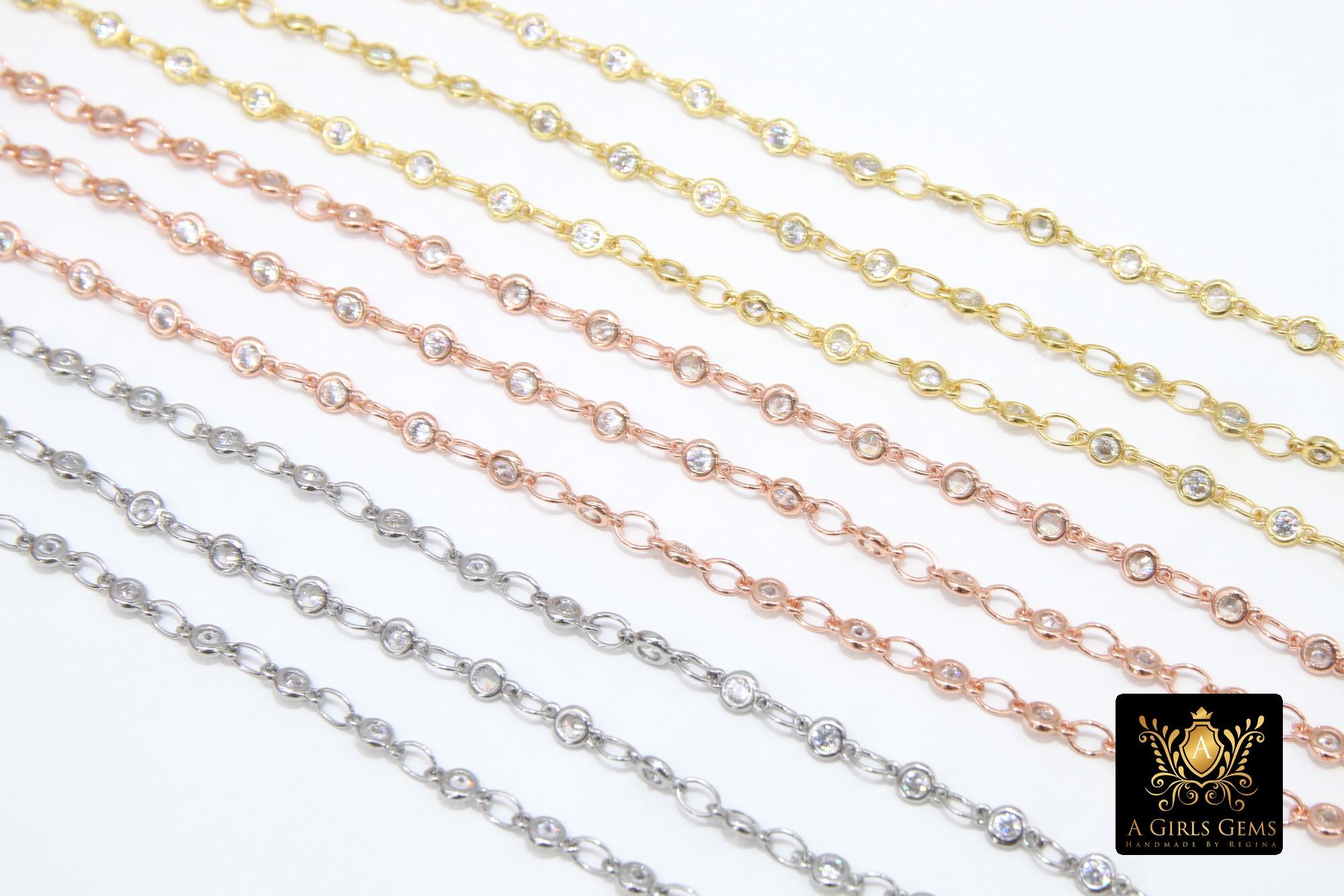 3mm Gold CZ Chain By The Yard, Silver Genuine Cubic Zirconia Chain CH #560, By The Foot