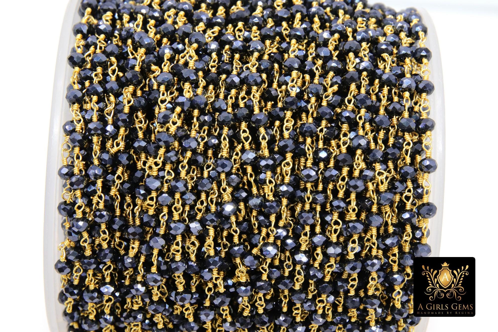 Black AB Rosary Chain, 4 mm Beaded Black Mystic Boho Chains CH #334, Gold Plated Wire Wrapped Unfinished Chains