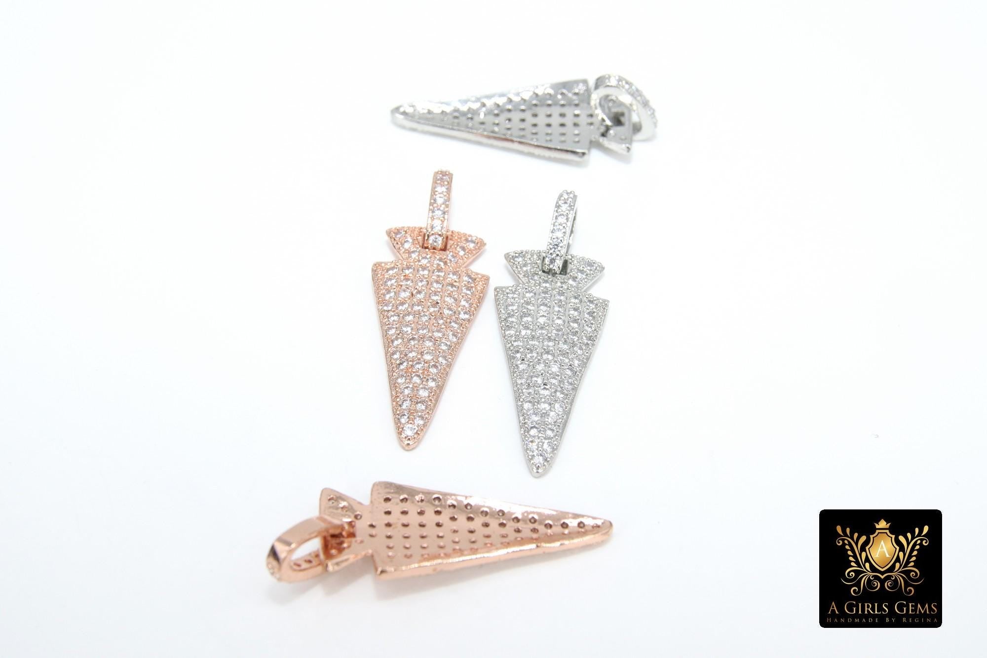 Silver CZ Pave Arrow Charms, Rose Gold Plated Diamond Pave #43, Cubic Zirconia 12 x 28 mm Arrowheads