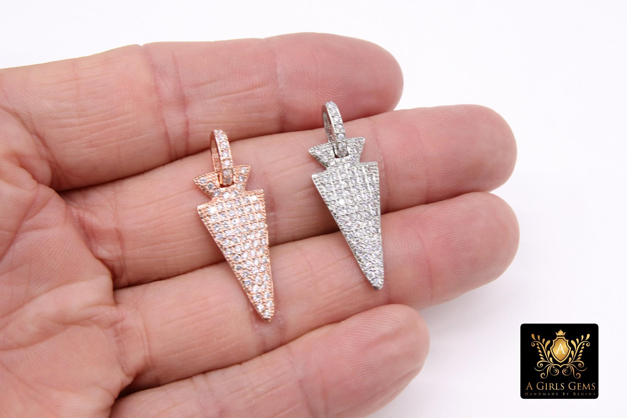 Silver CZ Pave Arrow Charms, Rose Gold Plated Diamond Pave #43, Cubic Zirconia 12 x 28 mm Arrowheads