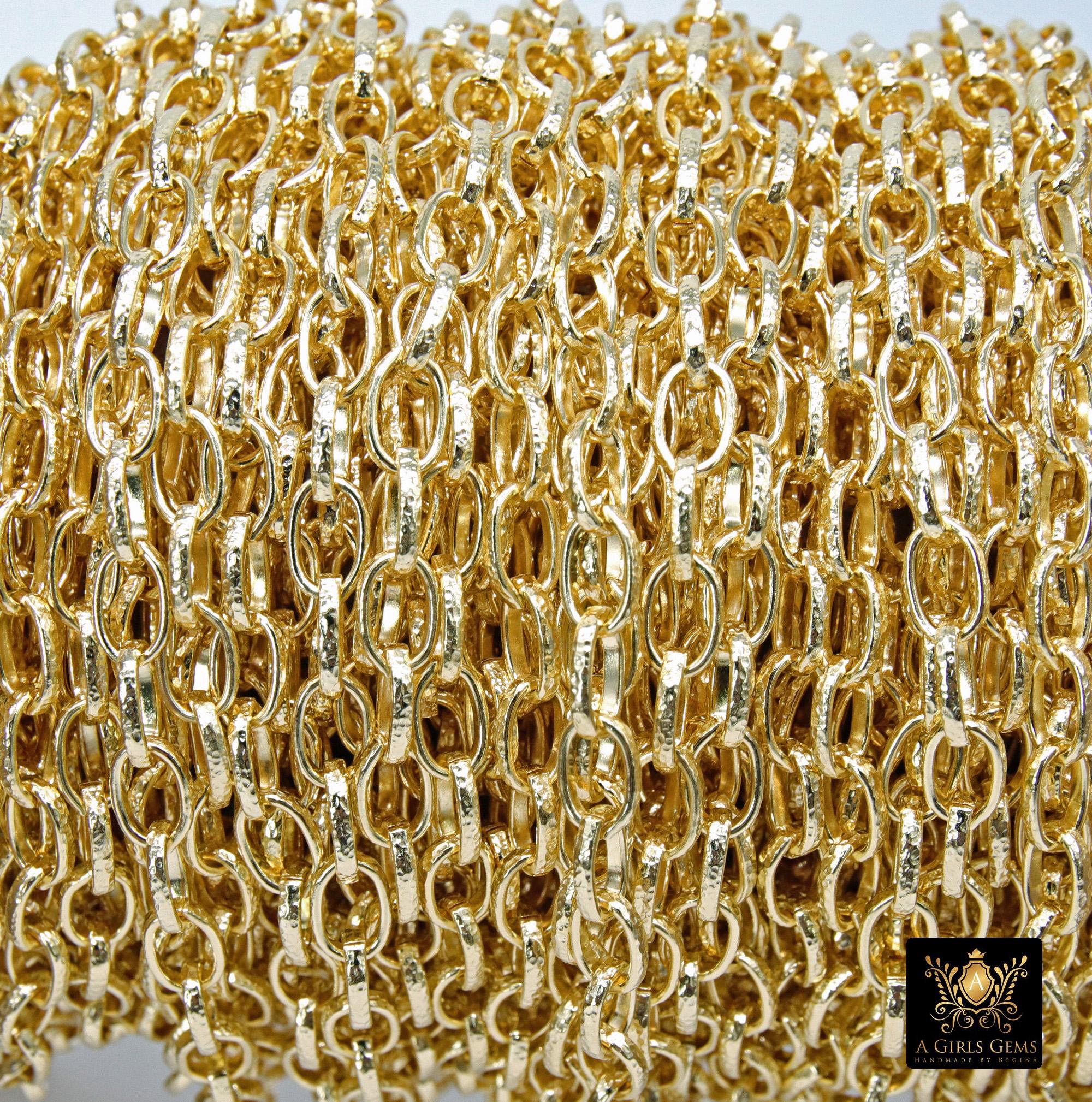 Gold Stainless Steel Oval Rolo Chain, 8 mm Textured Paperclip Chains CH #140, 304L Unfinished Thick Oval Rolo
