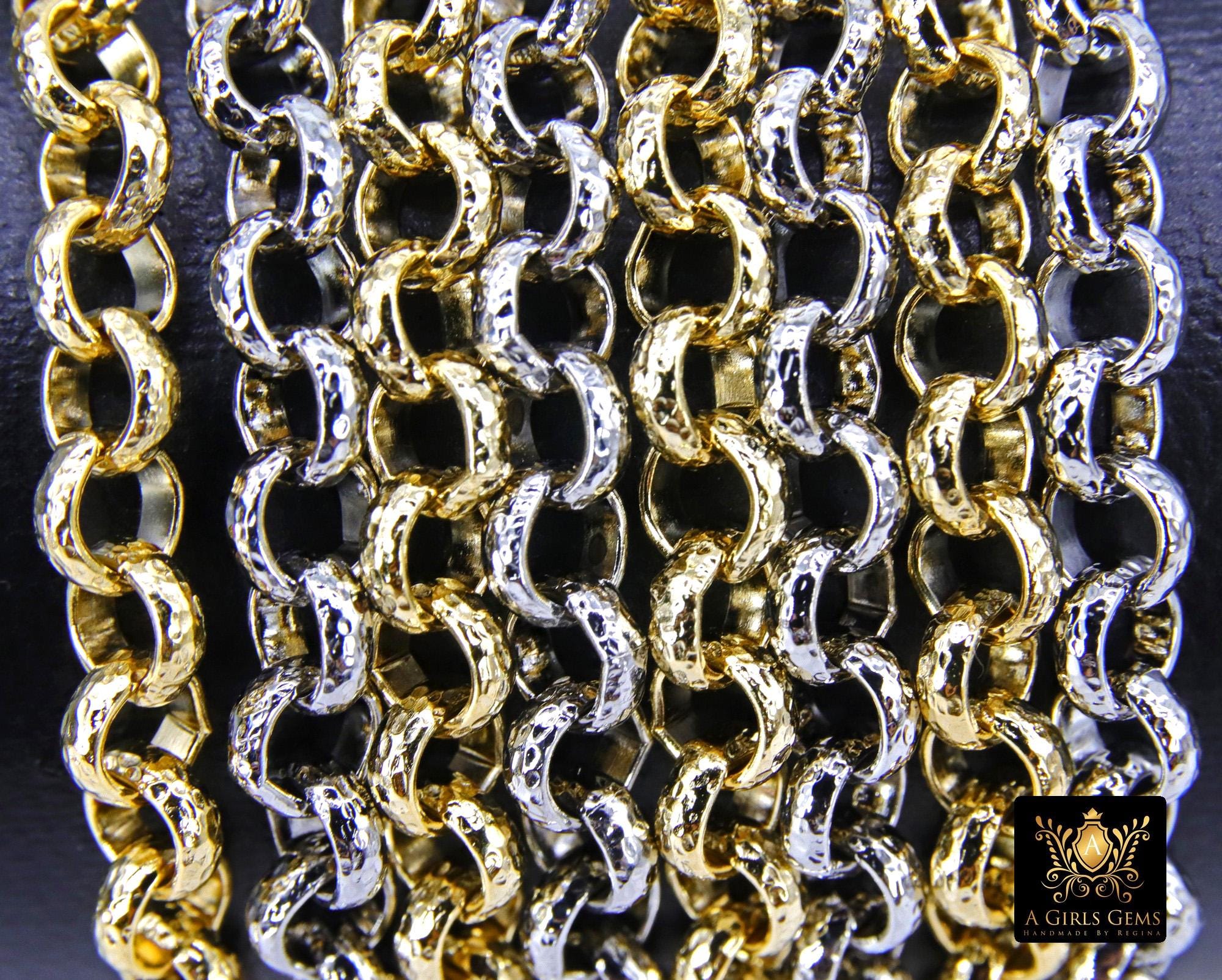 Gold or Silver 6 mm Thick Textured Rolo Chain, 304 L Stainless Steel Unfinished Chain, By The Foot Yard