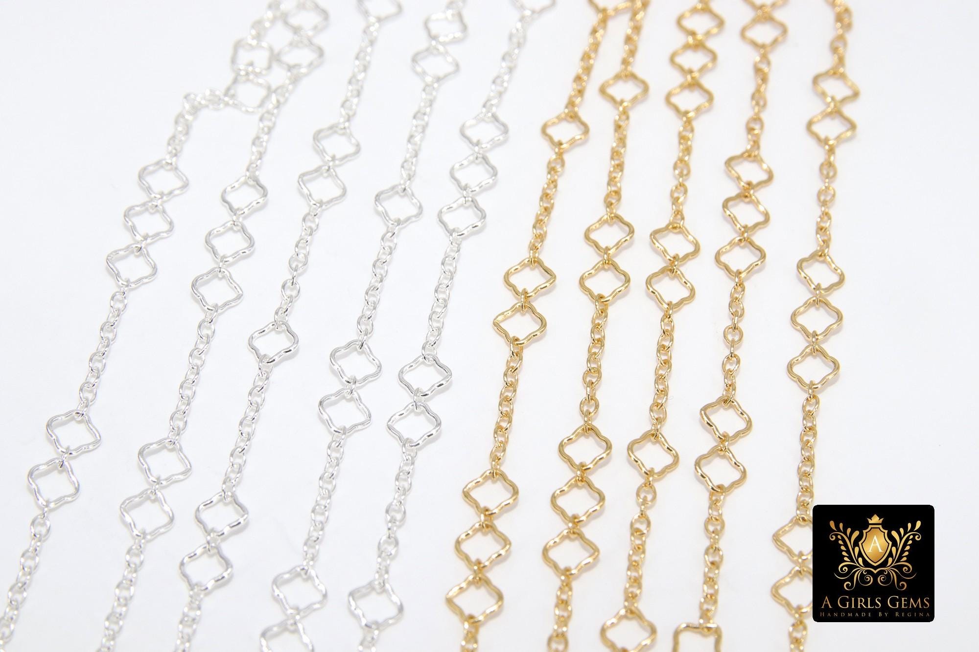 14 K Gold Filled Clover Chain By The Foot, 925 Sterling Silver Quatrefoil Long and Short Rolo Chain